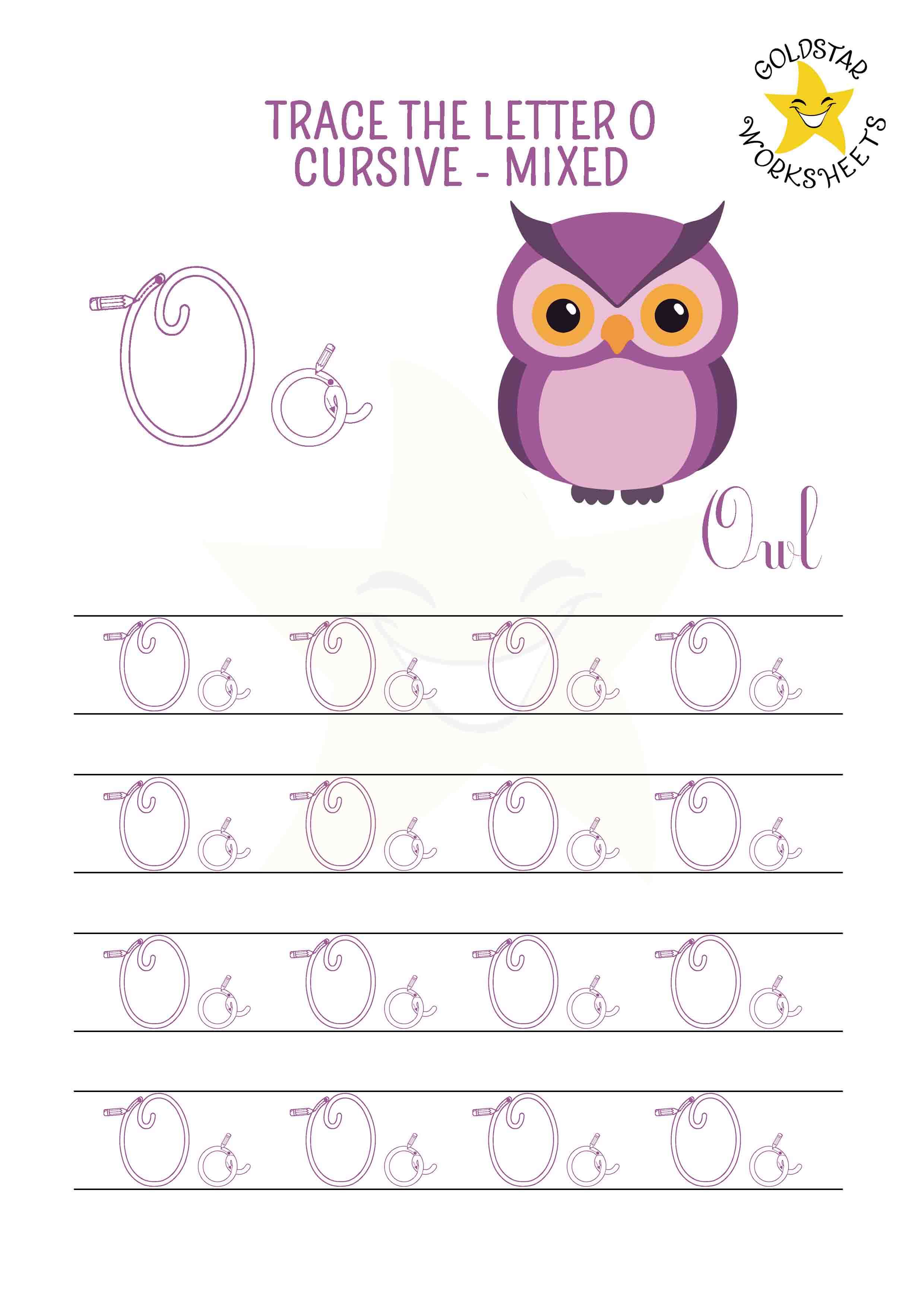 Upper and lowercase cursive letter O tracing worksheet. This mixed practise sheet features a spooky owl. Free printable PDF for 2nd and 3rd grade kids practicing cursive handwriting. 4 rows of capital O and small o writing includes directional arrows and stroke order.