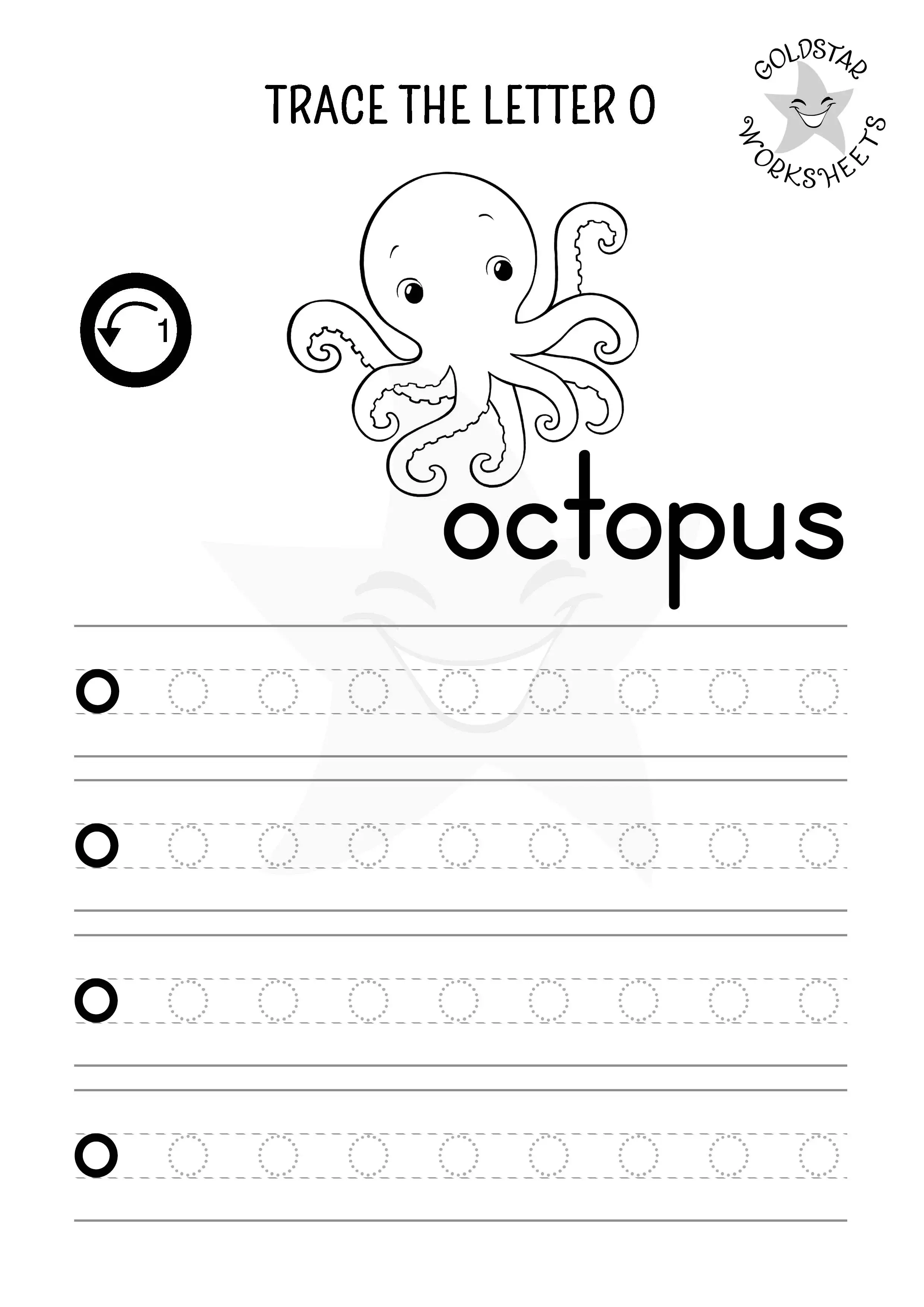 Letter o tracing and coloring worksheet with fun octopus