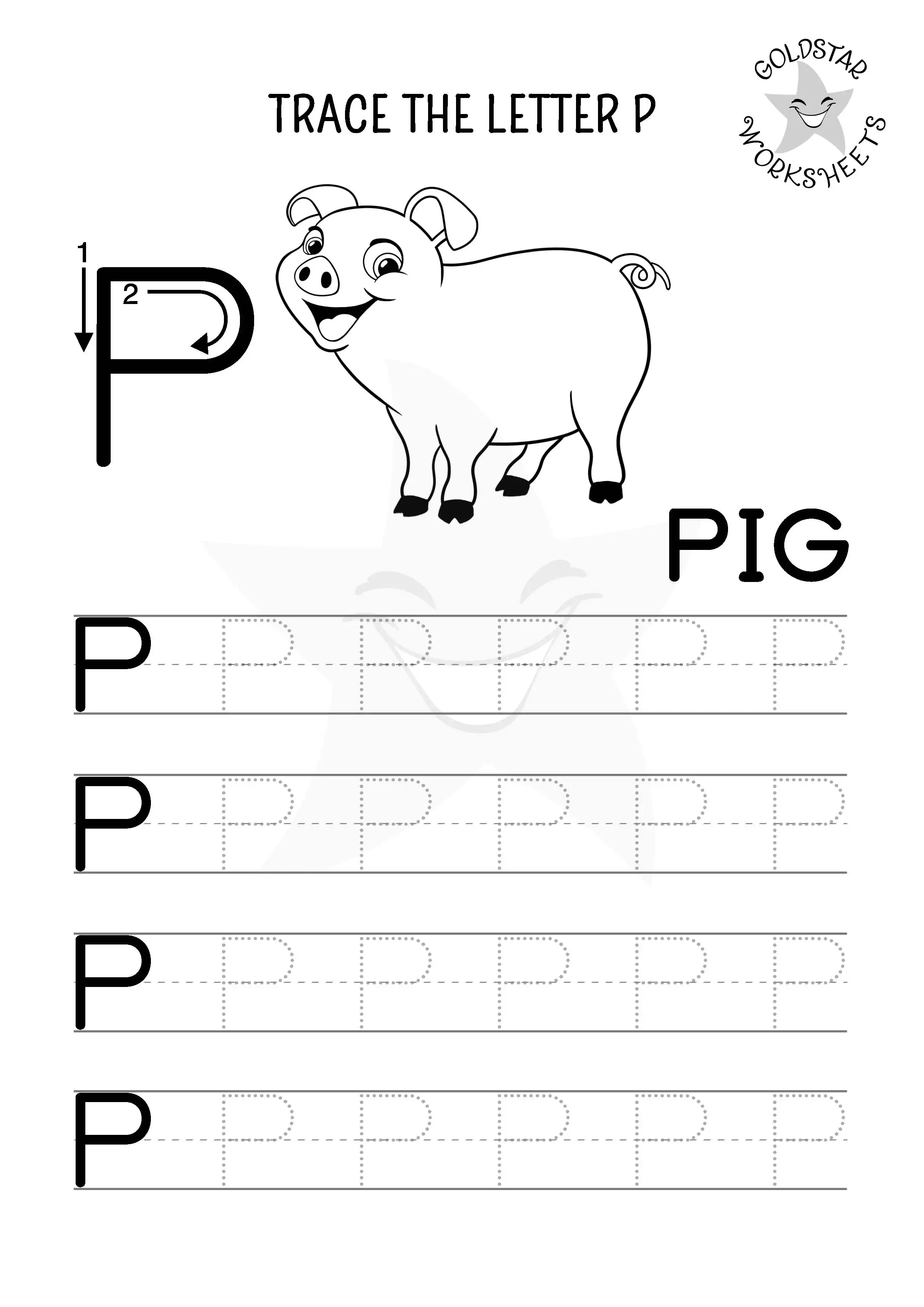 Free PDF letter P uppercase tracing worksheet with cute pig. Ideal for kids to color in.