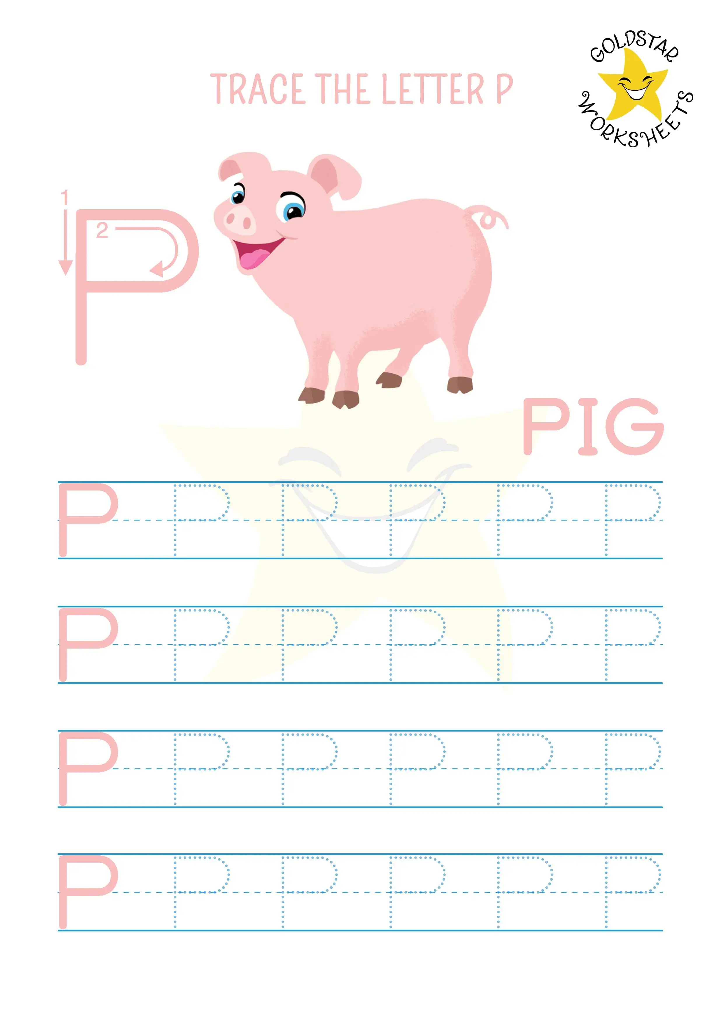 Free PDF letter P uppercase tracing worksheet with cute pig