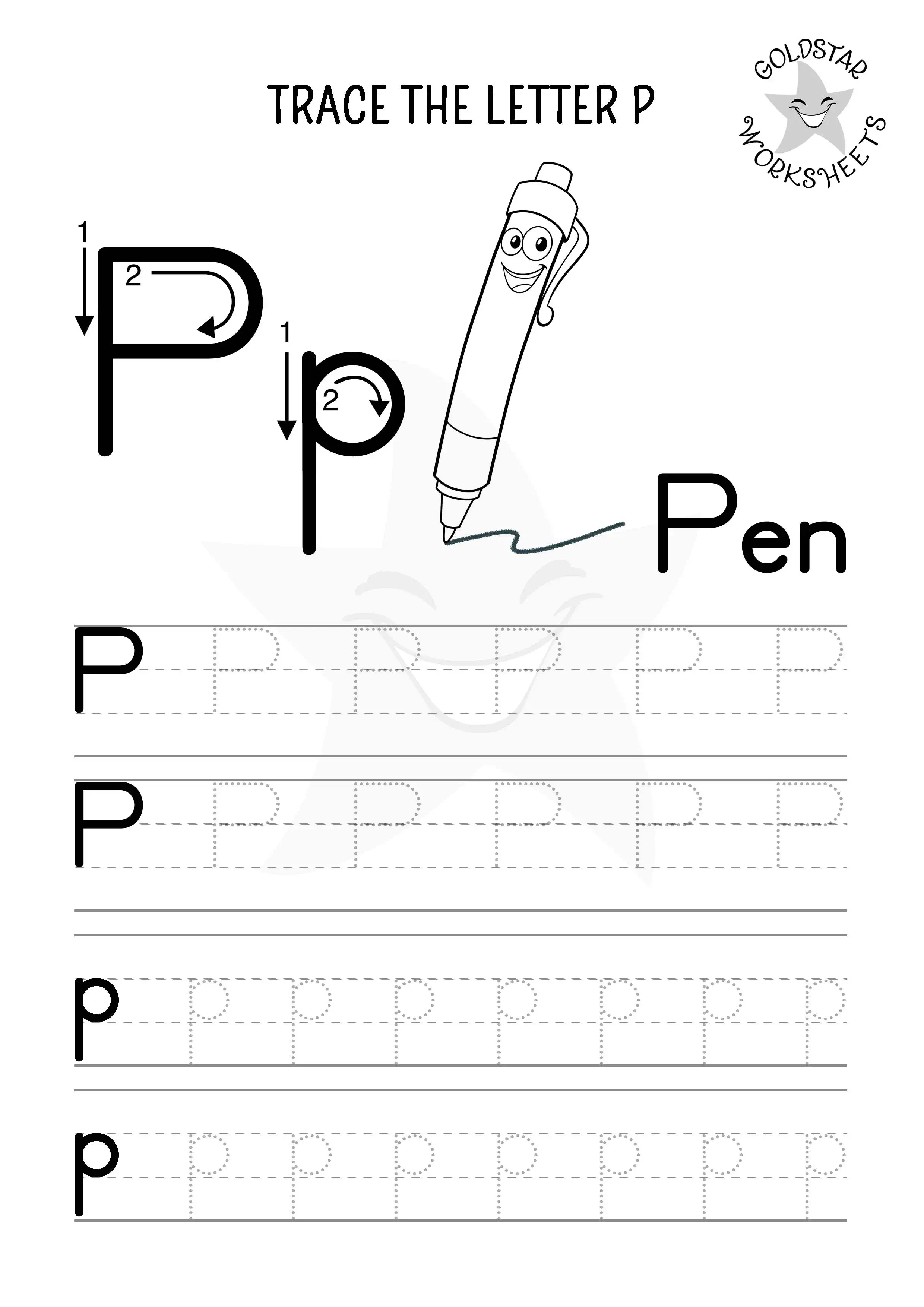 P for Pen – Uppercase and lowercase P tracing worksheet in black and white for coloring and letter practice.