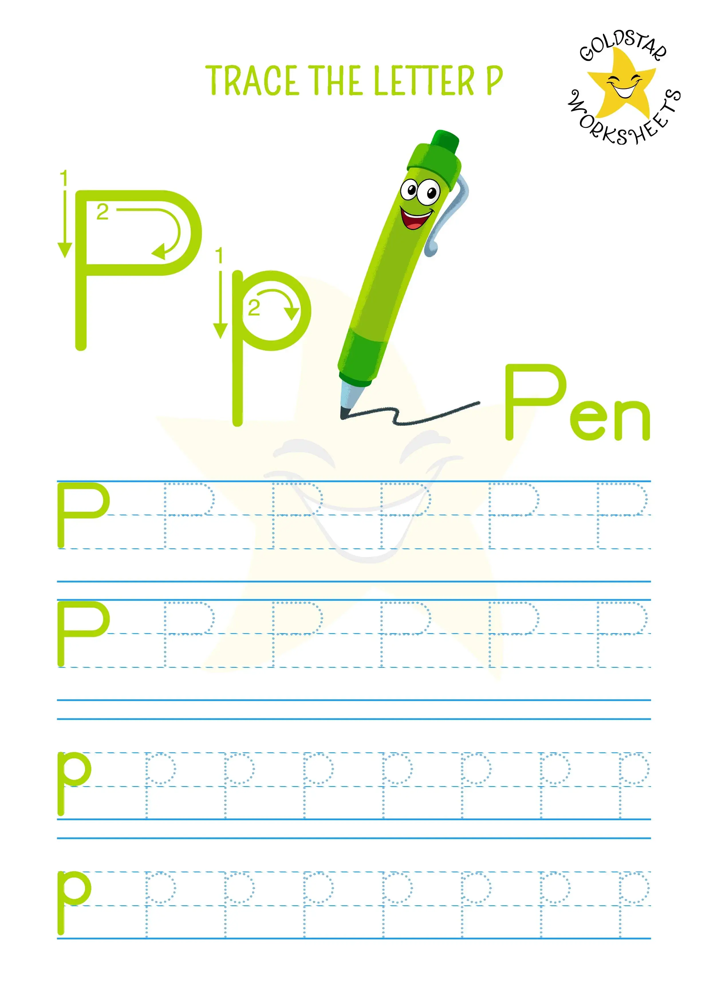 P for pen - Free printable letter P tracing worksheet with upper and lowercase combined