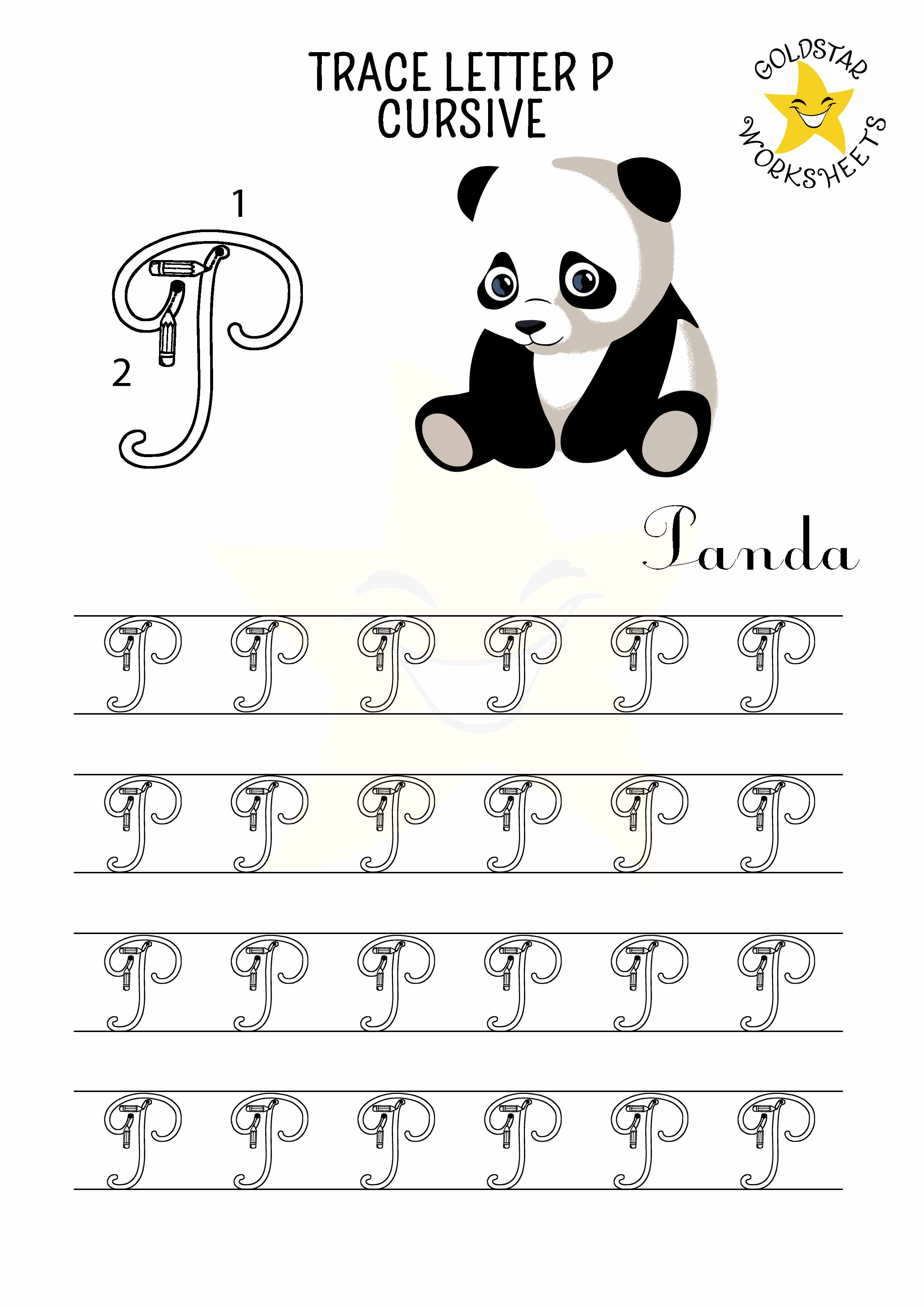Uppercase cursive letter p tracing worksheet with a adorable panda design. Perfect for kids' handwriting practice. 4 rows of capital P writing with stroke order and directional arrows.
