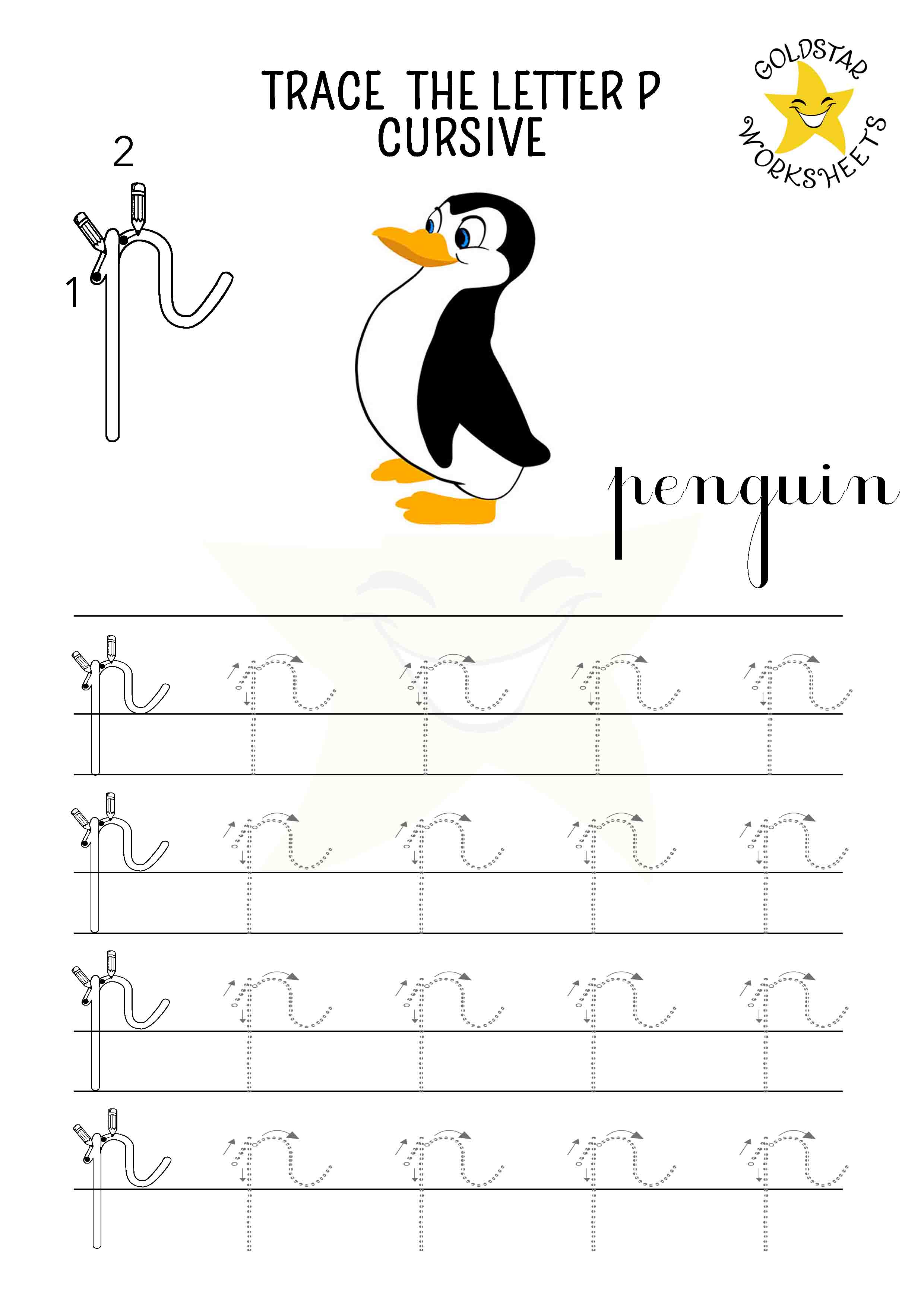 Lowercase cursive letter p tracing worksheet with a perky penguin design. Perfect for kids' handwriting practice. 4 rows of small p writing with stroke order and directional arrows.