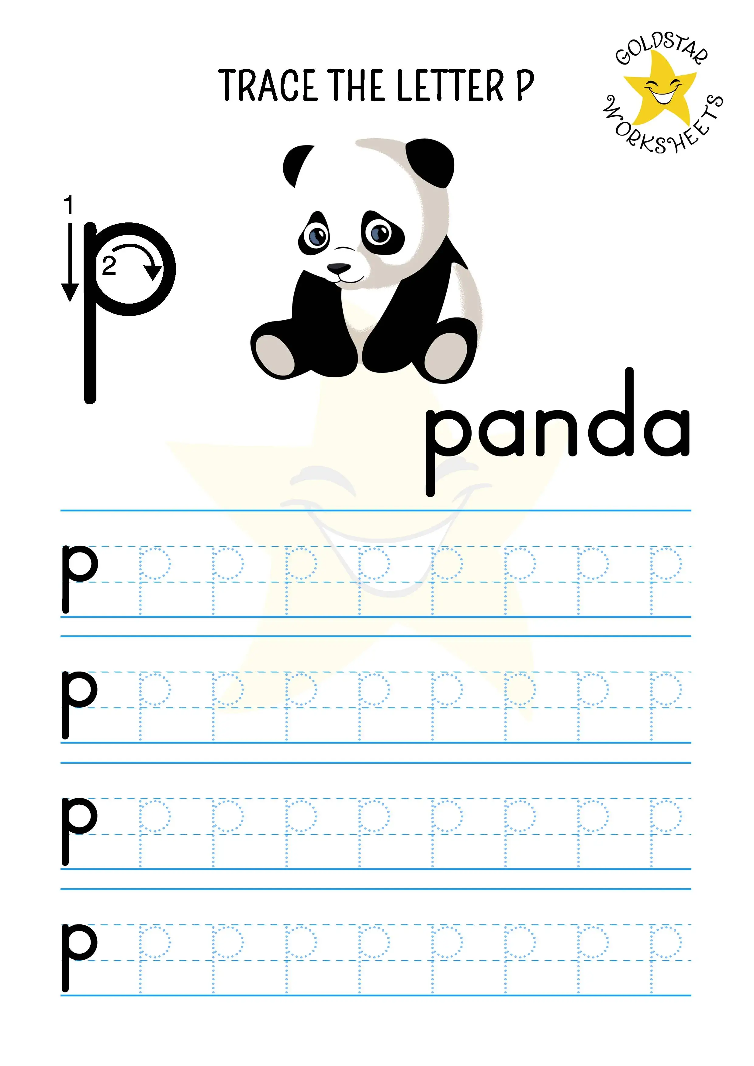 Lowercase P tracing worksheet with a cute panda