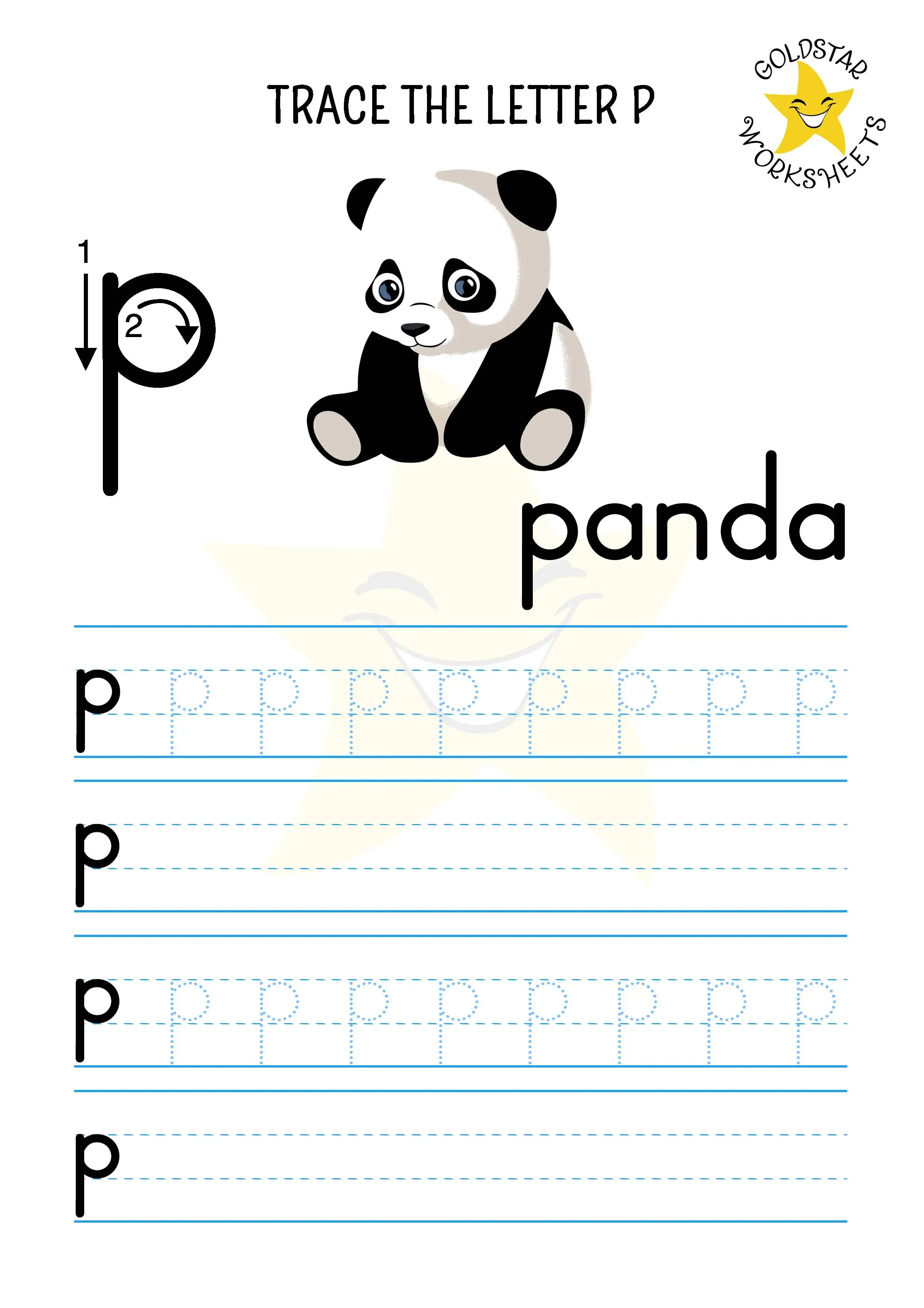Lowercase P tracing and writing worksheet with a cute panda