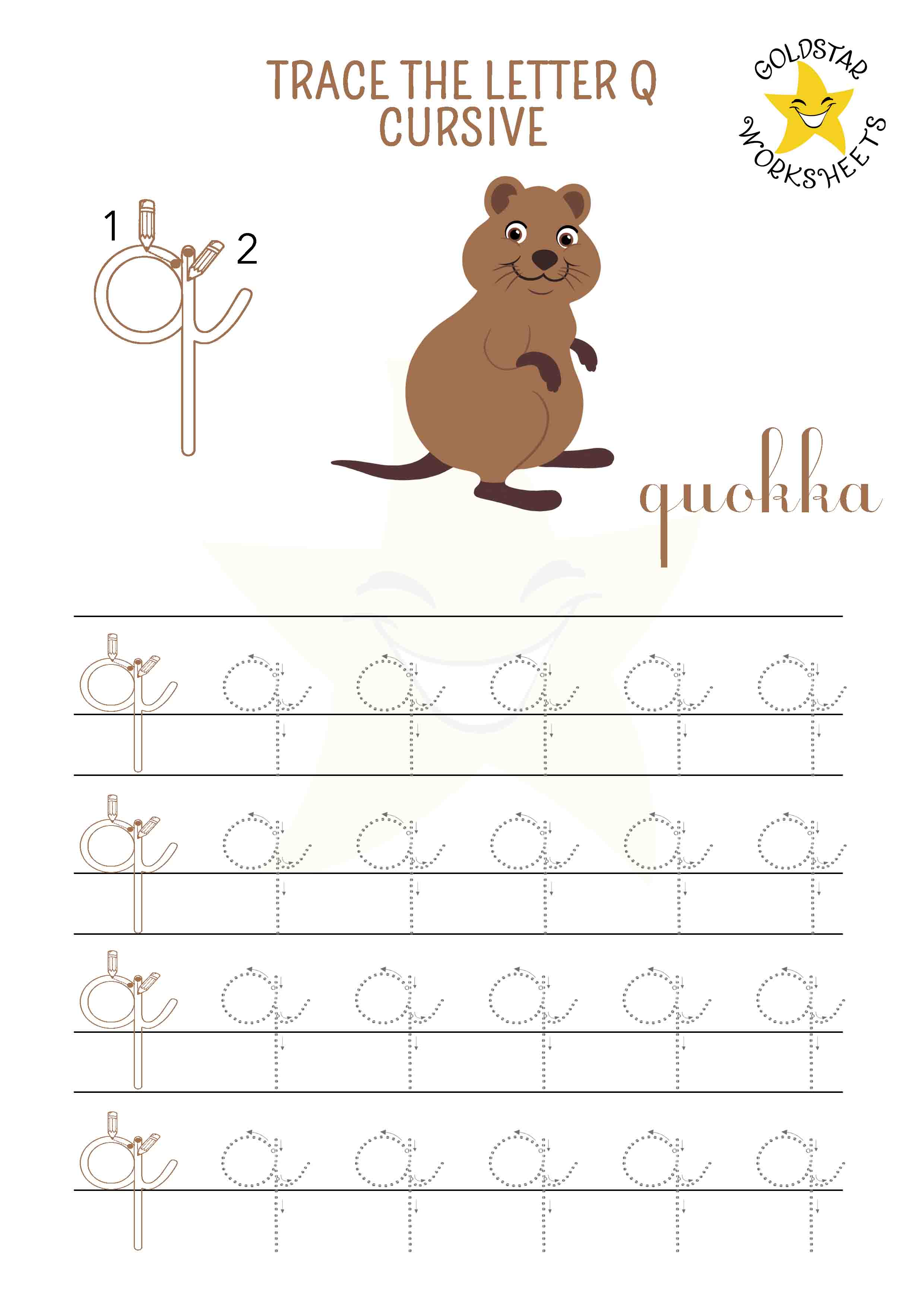 Lowercase cursive letter q tracing worksheet with a cheeky quokka design. Fun cursive practice for kids.