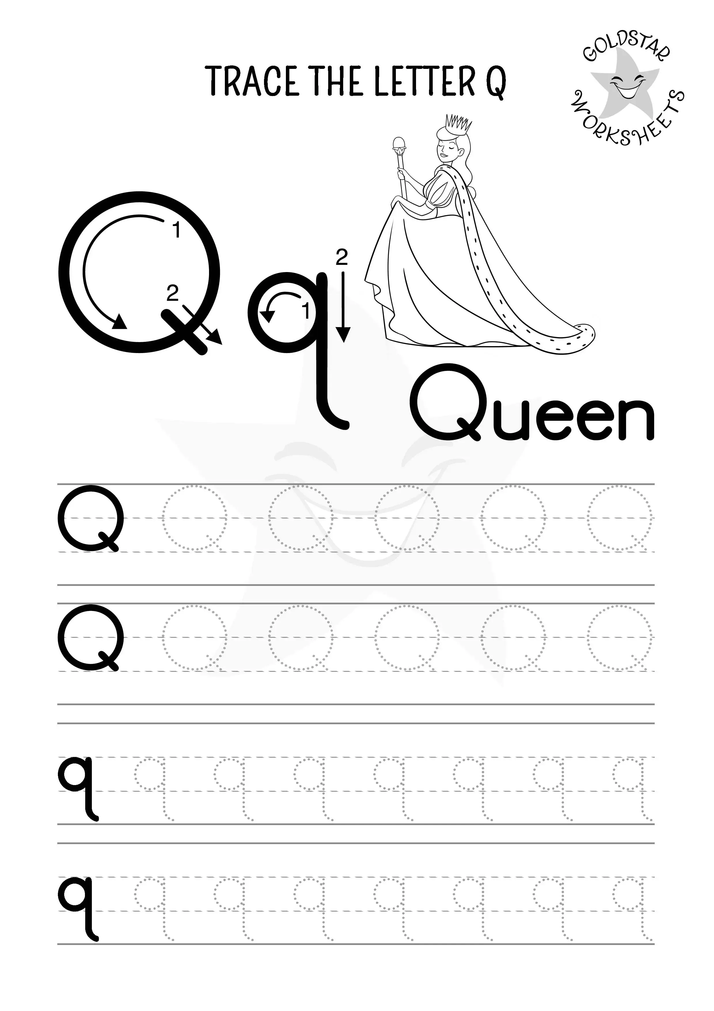 Q for Queen – Printable Q letter tracing page with black and white design for coloring.