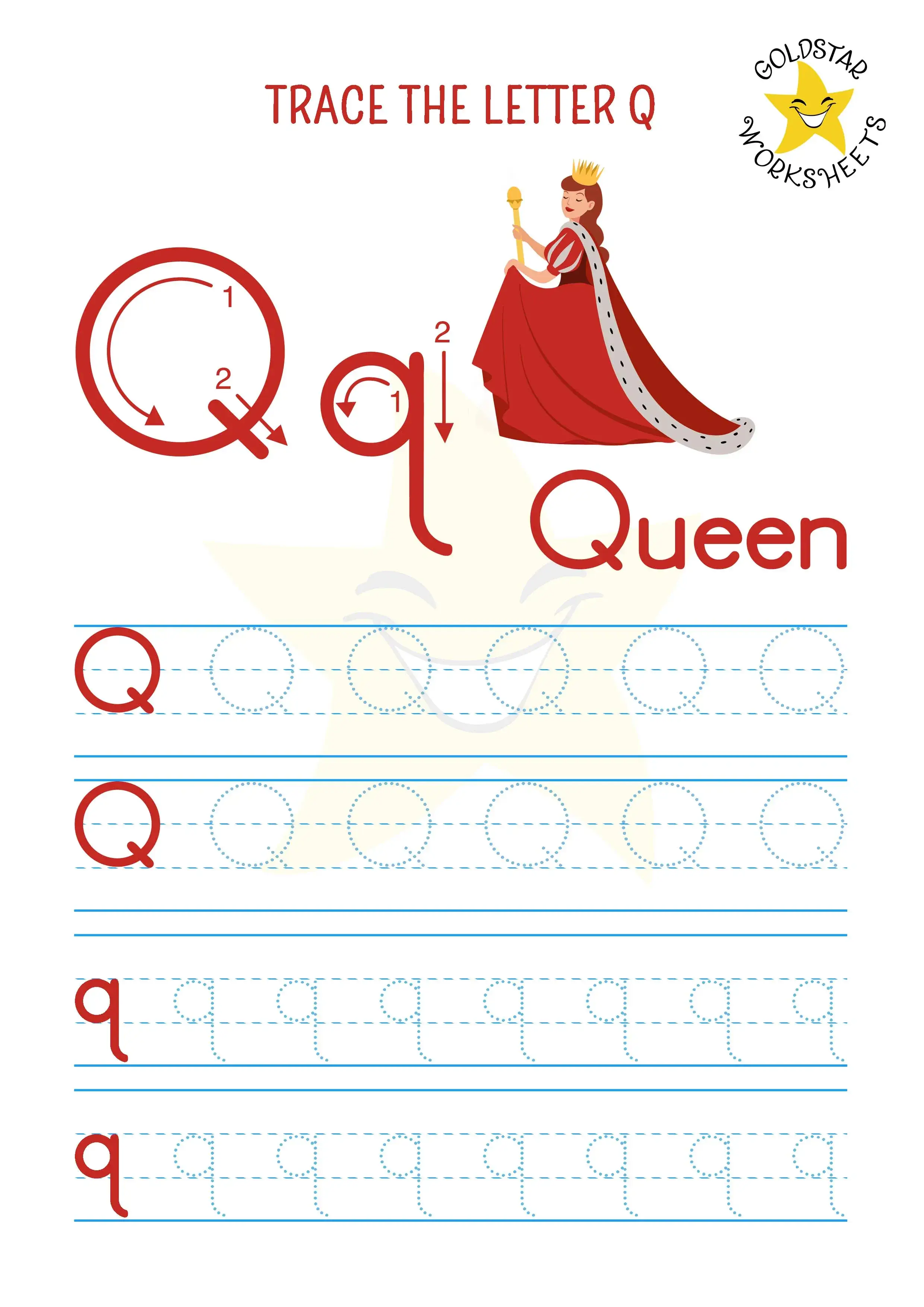 Q for Queen - Trace the letter Q worksheet with upper and lowercase practice 