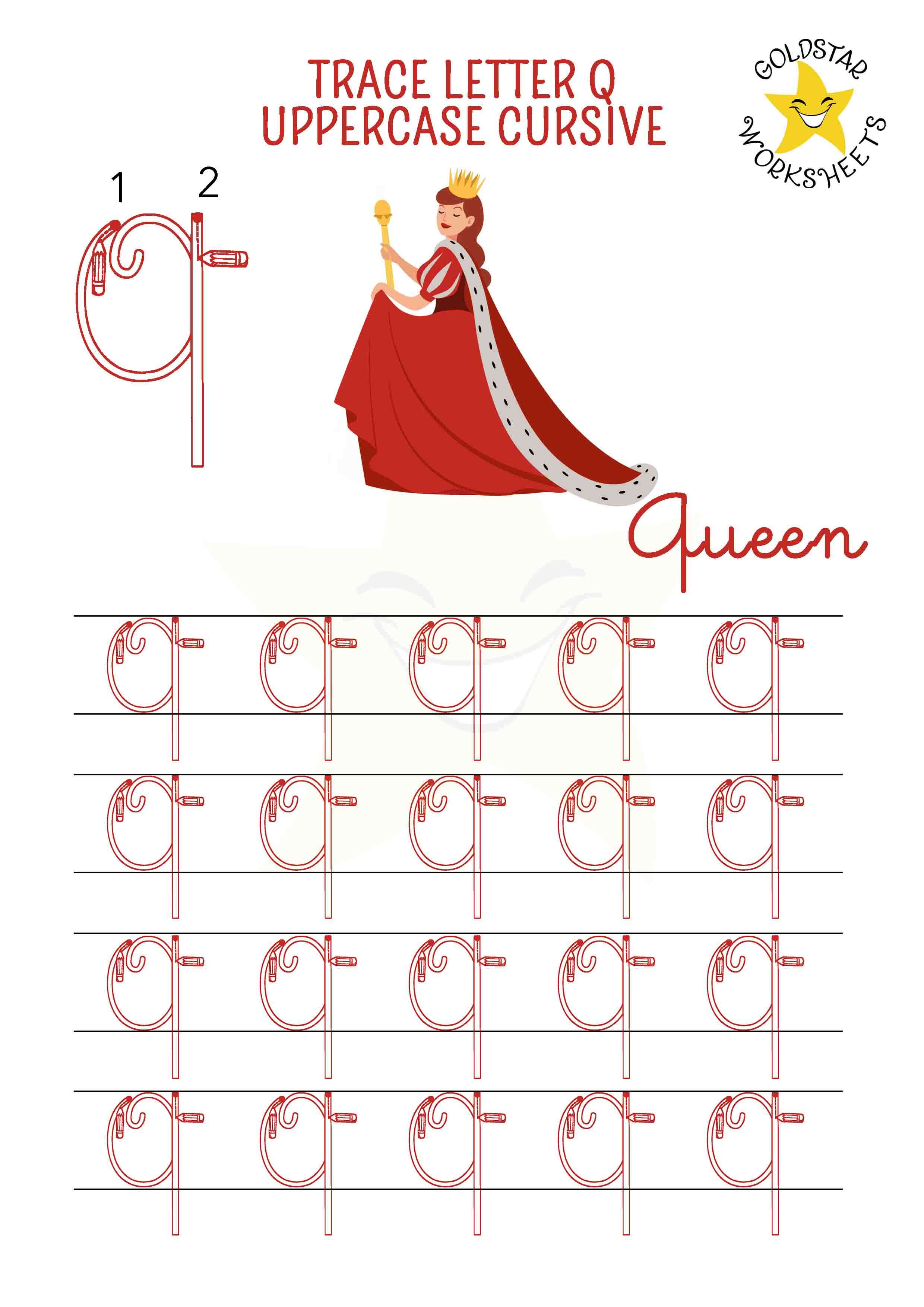 Uppercase cursive letter Q tracing worksheet with an elegant queen design. Perfect for kids' handwriting practice. 4 rows of capital Q writing with stroke order and directional arrows.