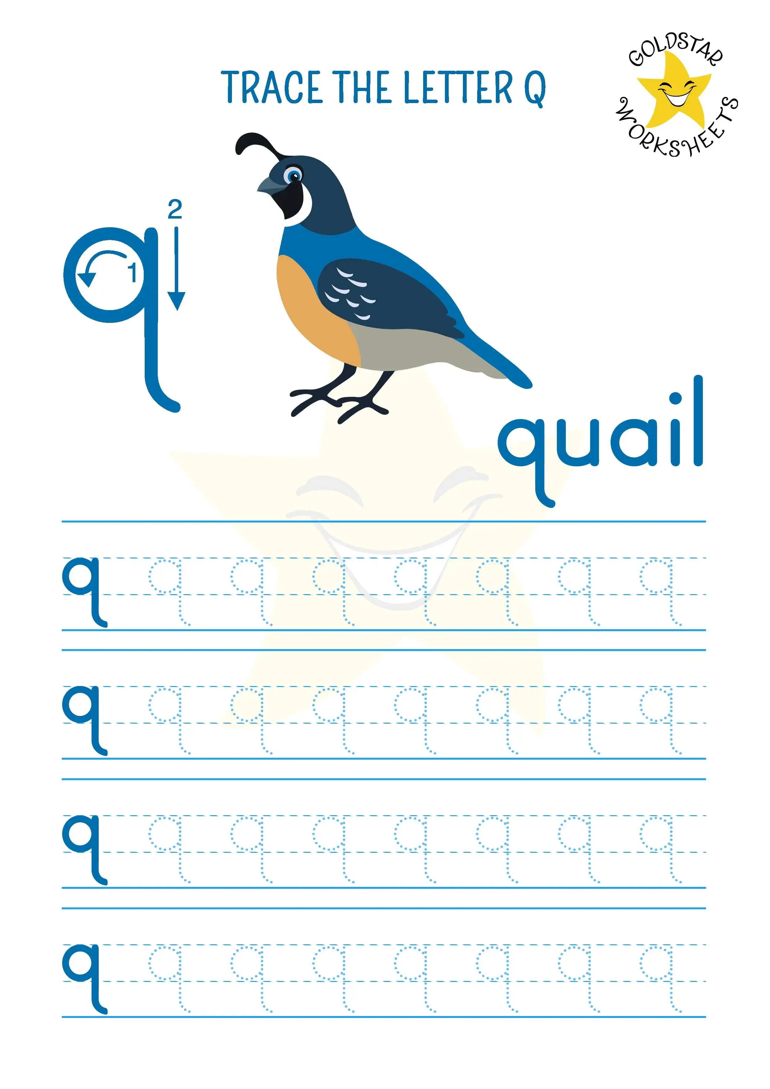 Trace the lowercase letter Q worksheet with our colorful quail