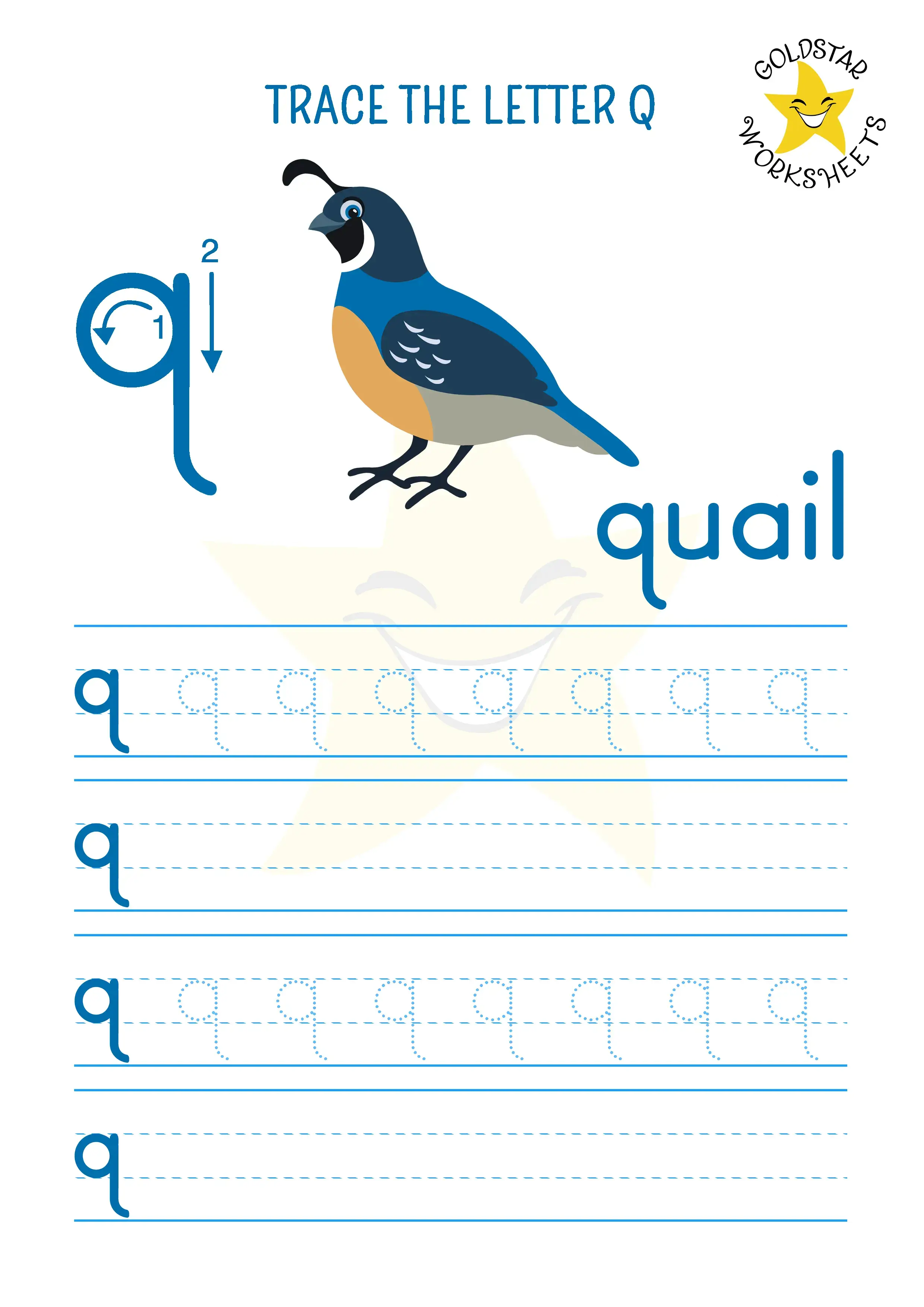 Trace and write the lowercase letter Q worksheet with our colorful quail