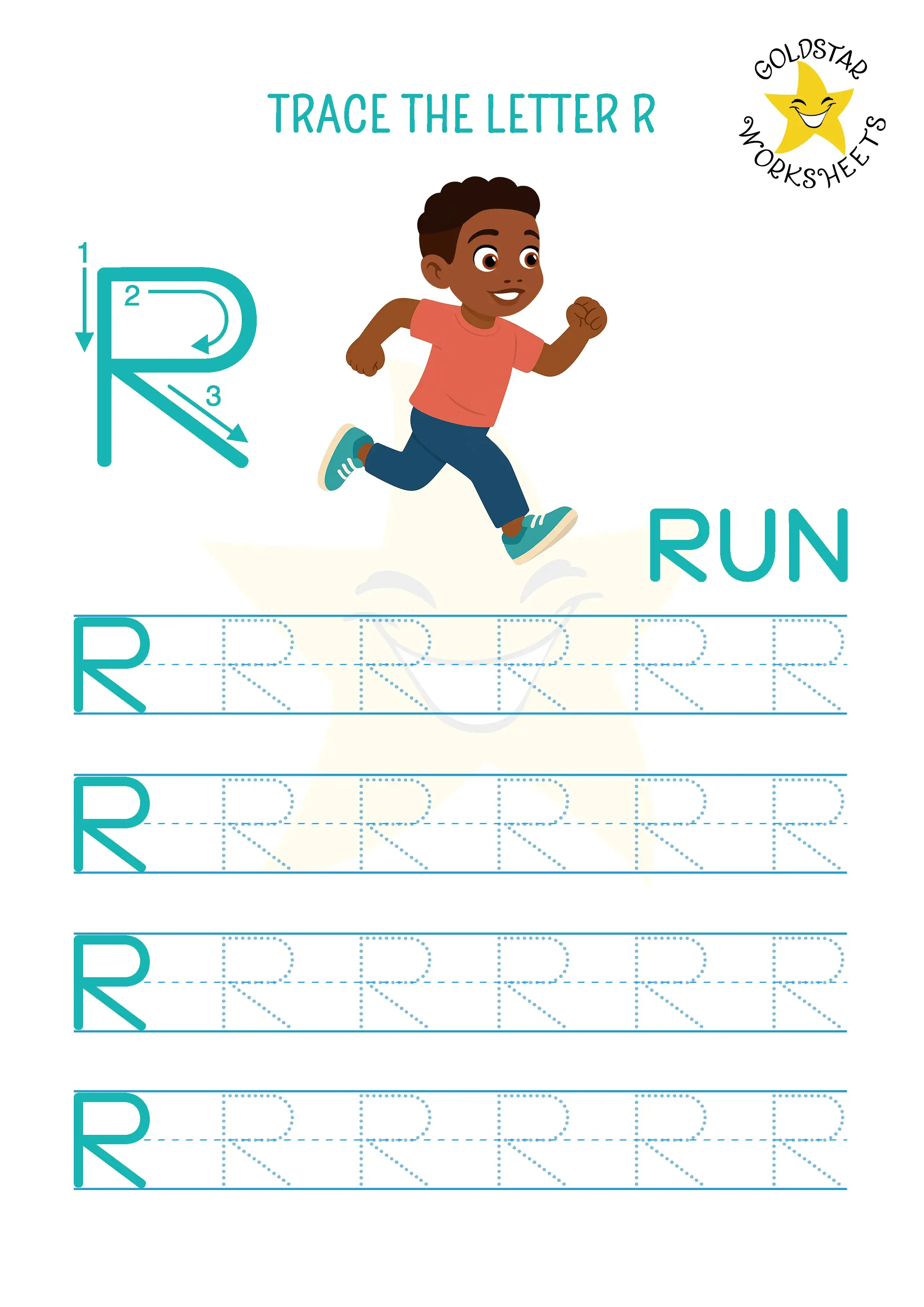 Uppercase letter R tracing worksheet with our boy running 