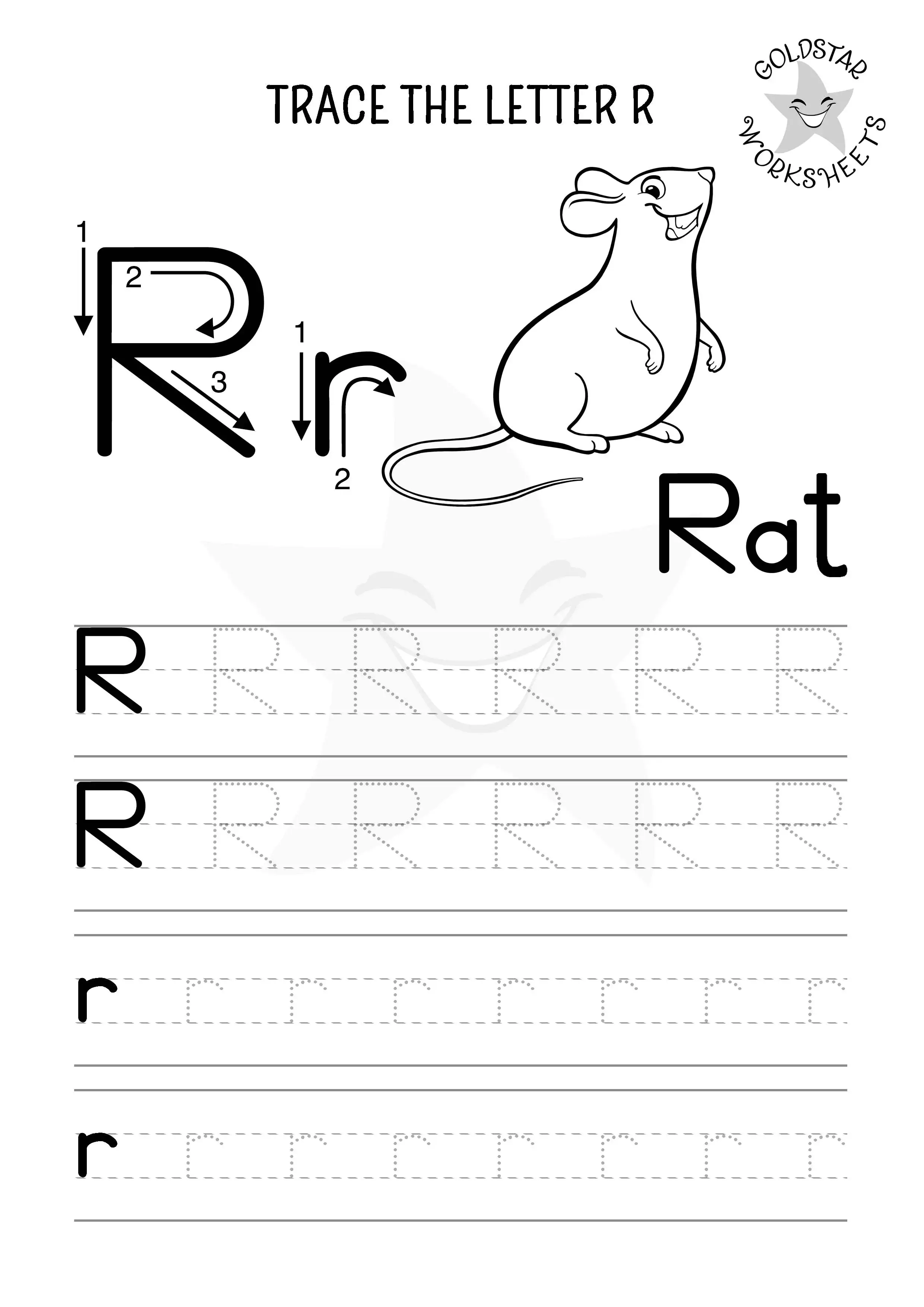 R for Rat – Letter R tracing worksheet in black and white for coloring. With both uppercase and lowercase letters to trace.