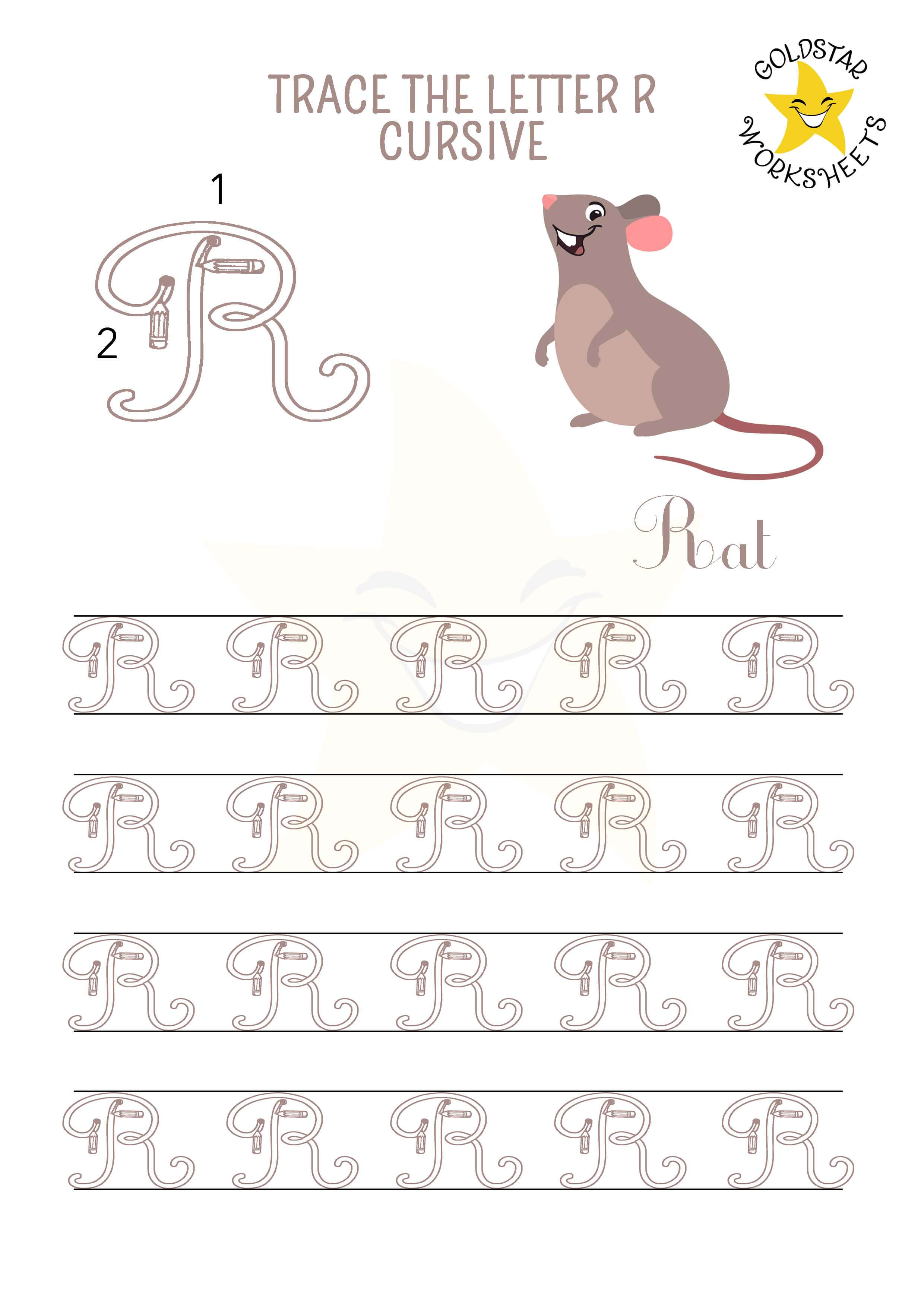 Uppercase cursive letter r tracing worksheet with a friendly rat design. Great for kids practicing cursive. 4 rows of capital R writing with stroke order and directional arrows.