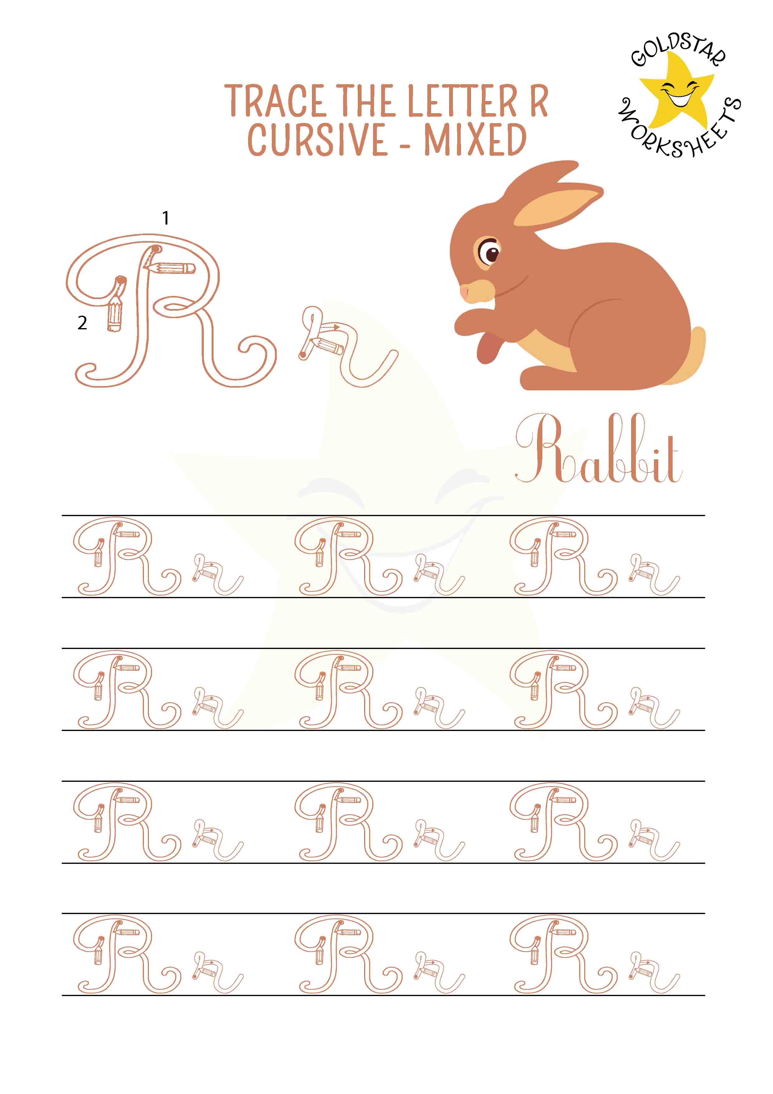 Upper and lowercase cursive letter R tracing worksheet. This mixed practise sheet features a cute rabbit. Free printable PDF for 2nd and 3rd grade kids practicing cursive handwriting. 4 rows of capital R and small r writing includes directional arrows and stroke order.