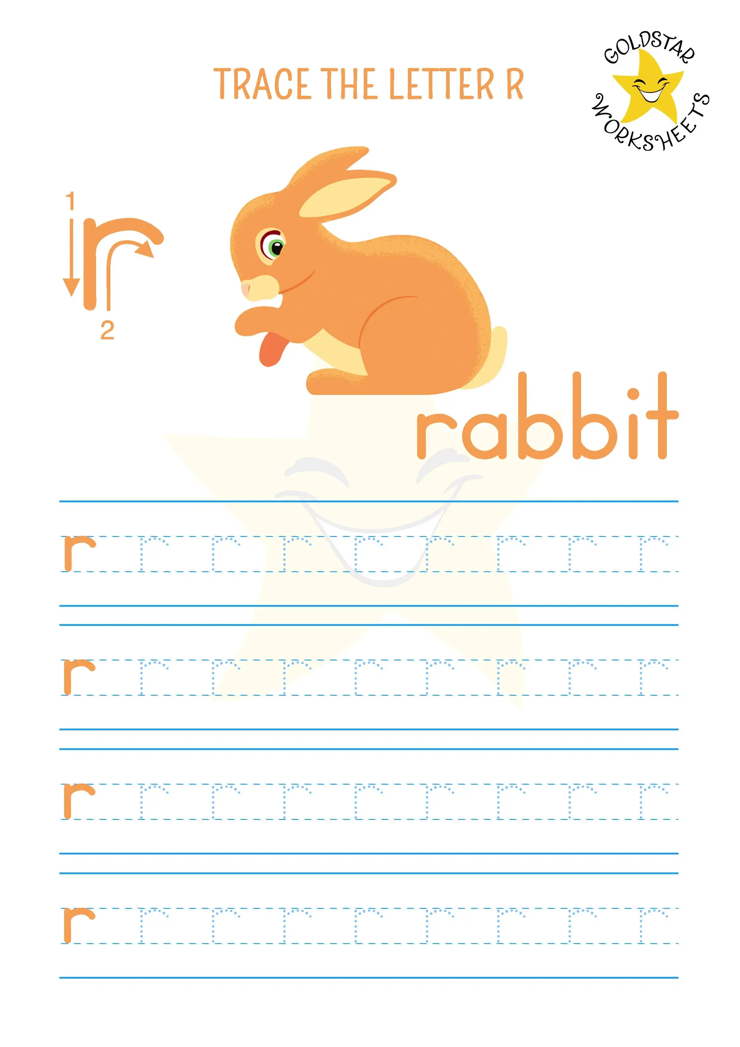 Lowercase letter r tracing worksheet with a bouncy rabbit