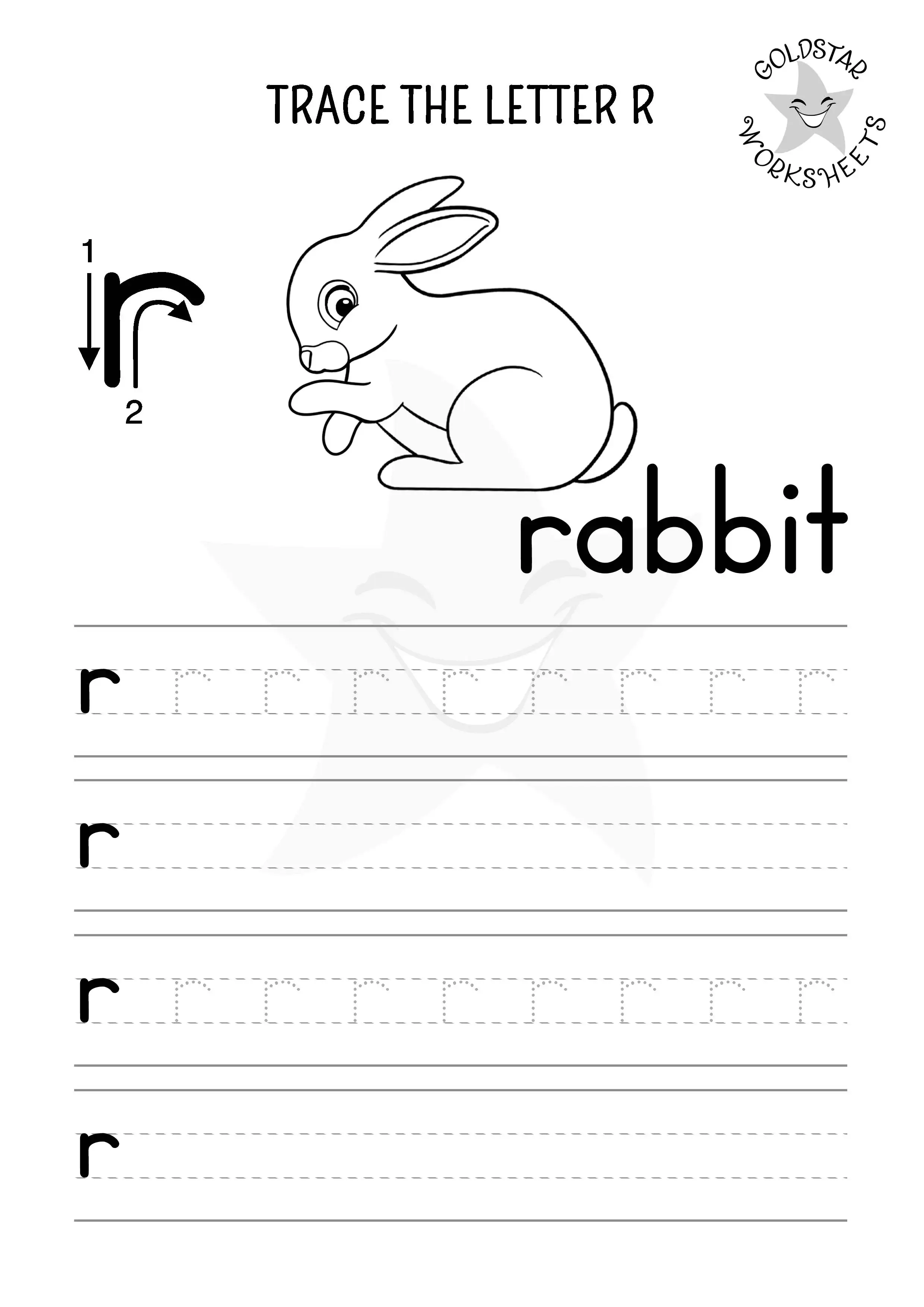 Lowercase letter r tracing, writing, and coloring worksheet with a bouncy rabbit