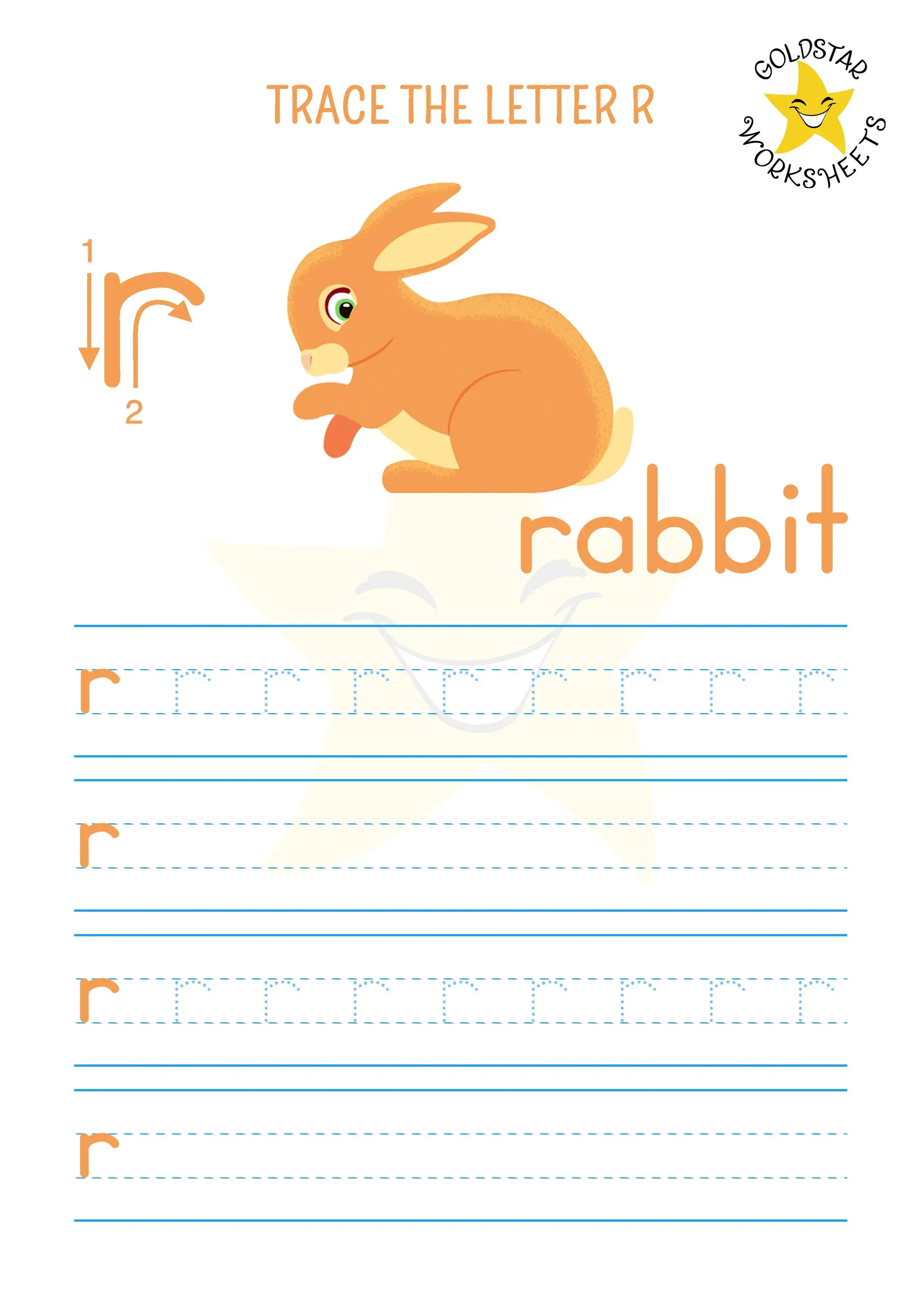 Lowercase letter r tracing and writing worksheet with a bouncy rabbit