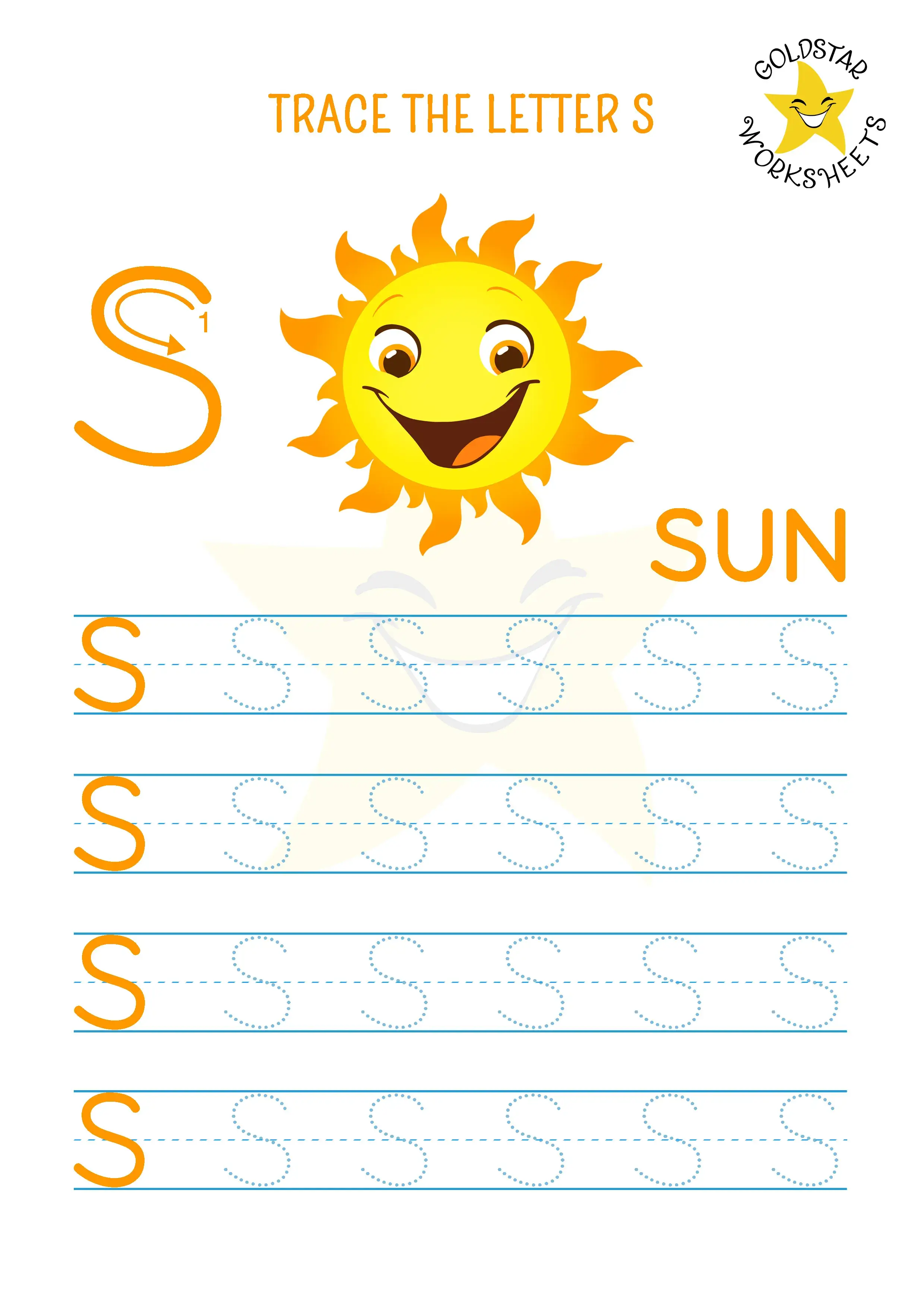 Free printable uppercase letter S tracing worksheet with our shining sun 