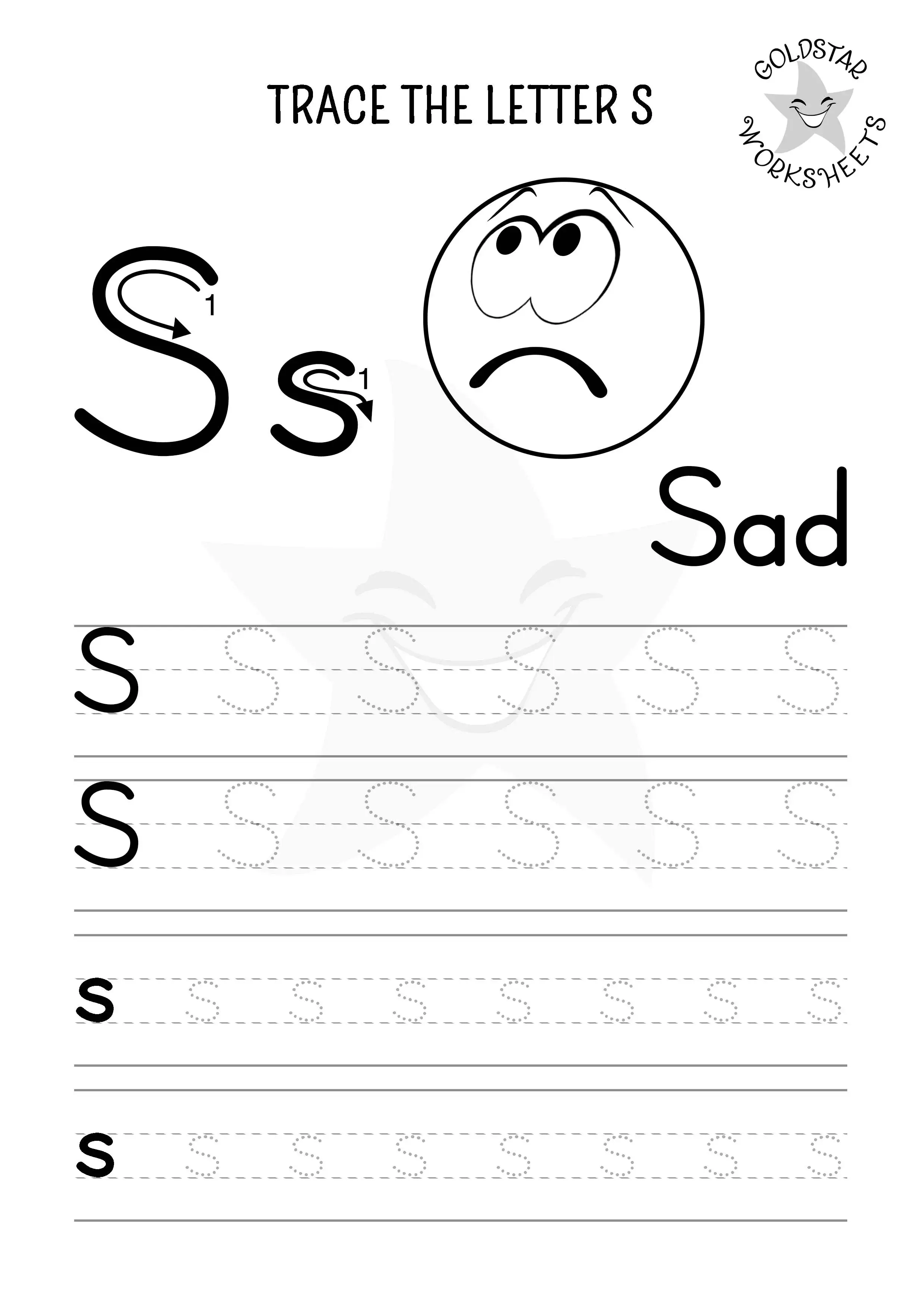 S for Sad – Mixed case S tracing worksheet with colorable illustrations for kids.