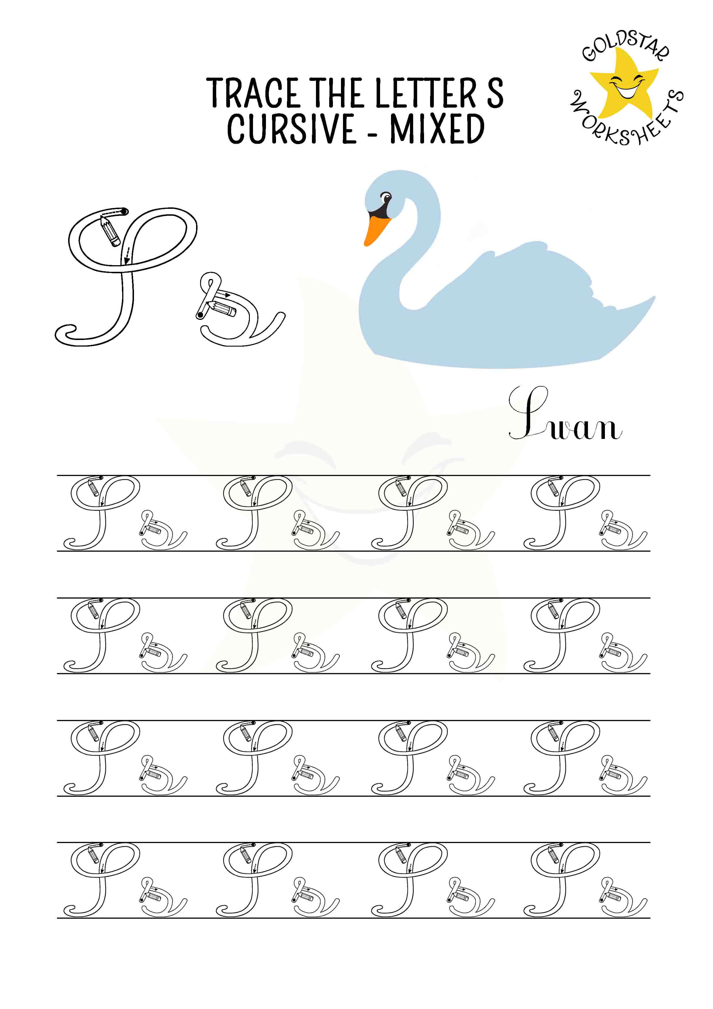 Upper and lowercase cursive letter S tracing worksheet. This mixed practise sheet features a elegant swan. Free printable PDF for 2nd and 3rd grade kids practicing cursive handwriting. 4 rows of capital S and small s writing includes directional arrows and stroke order.
