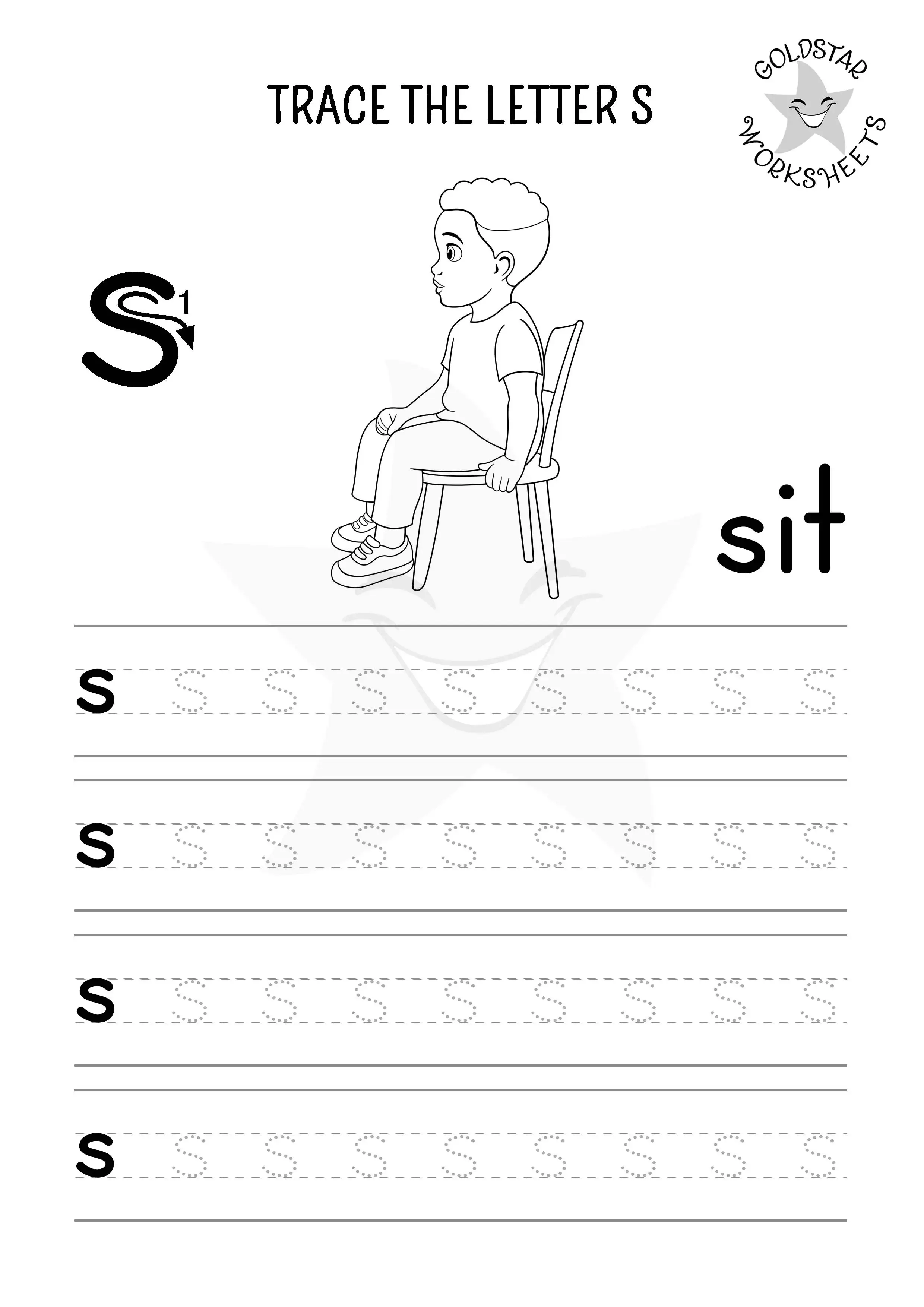 Lowercase letter s tracing and coloring worksheet. S for sit