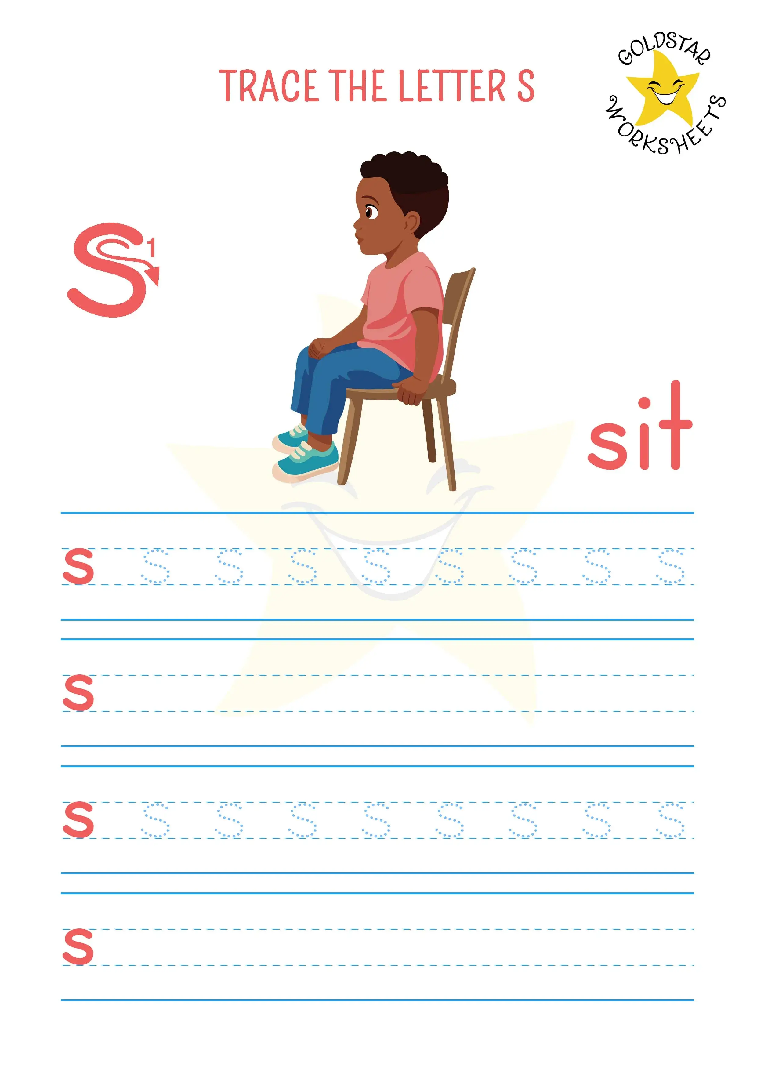 Lowercase letter s tracing and writing worksheet. S for sit