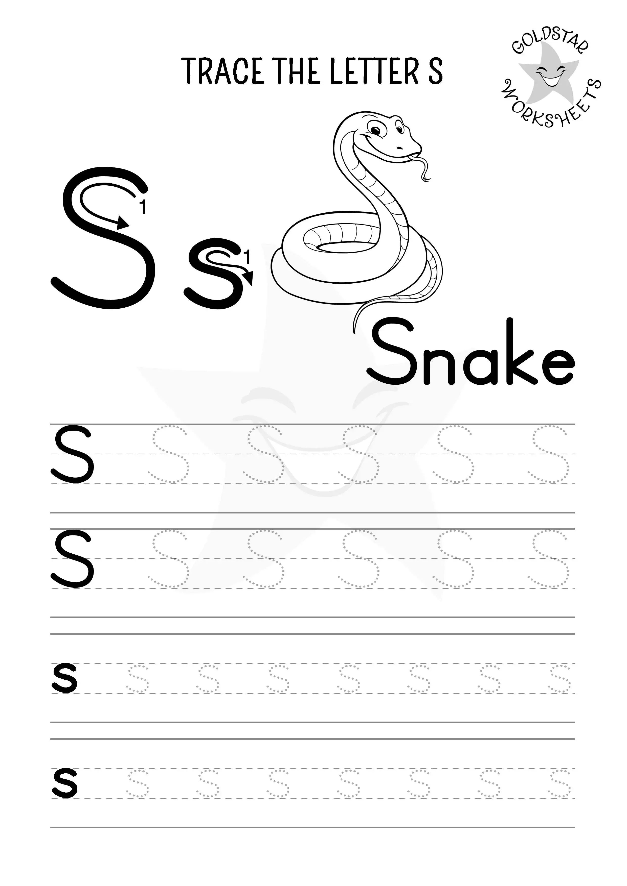 S for Snake – Mixed case S tracing worksheet in a colorable black and white style for kids.