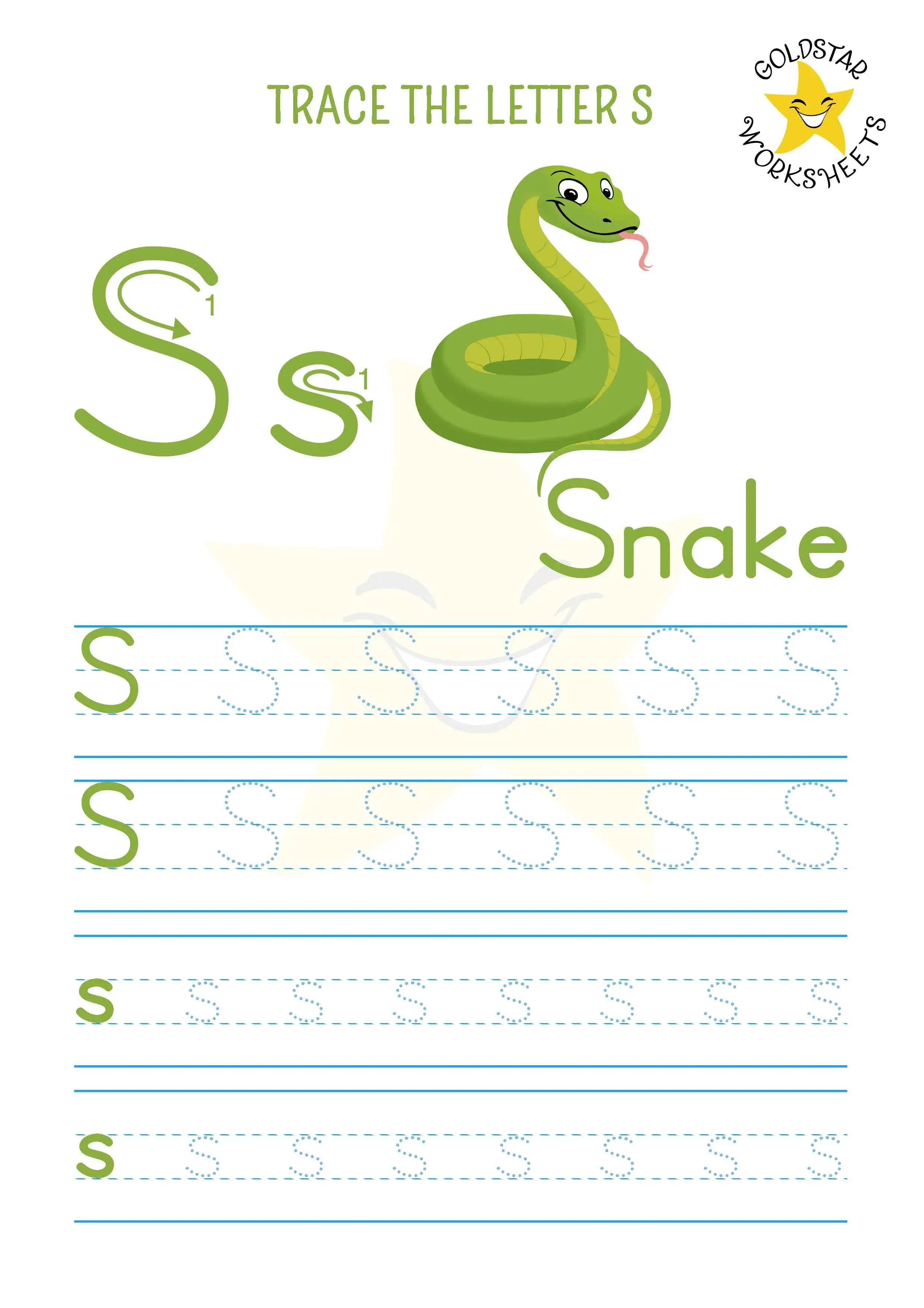 S for snake - Free printable letter s tracing worksheet with uppercase and lowercase