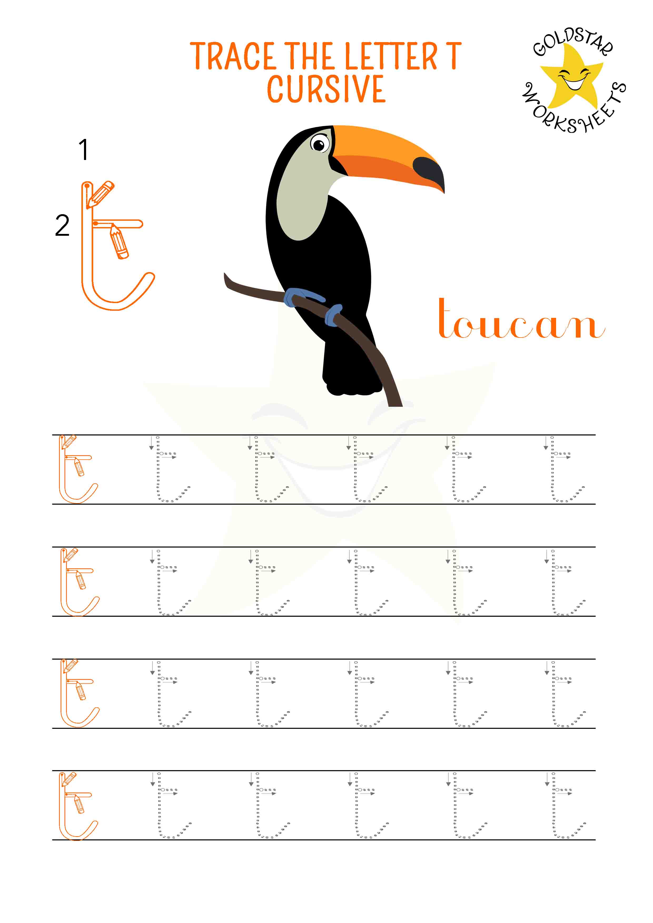 Lowercase cursive letter t tracing worksheet with a tropical toucan design. Free printable for kids. 4 rows of small t writing with stroke order and directional arrows.