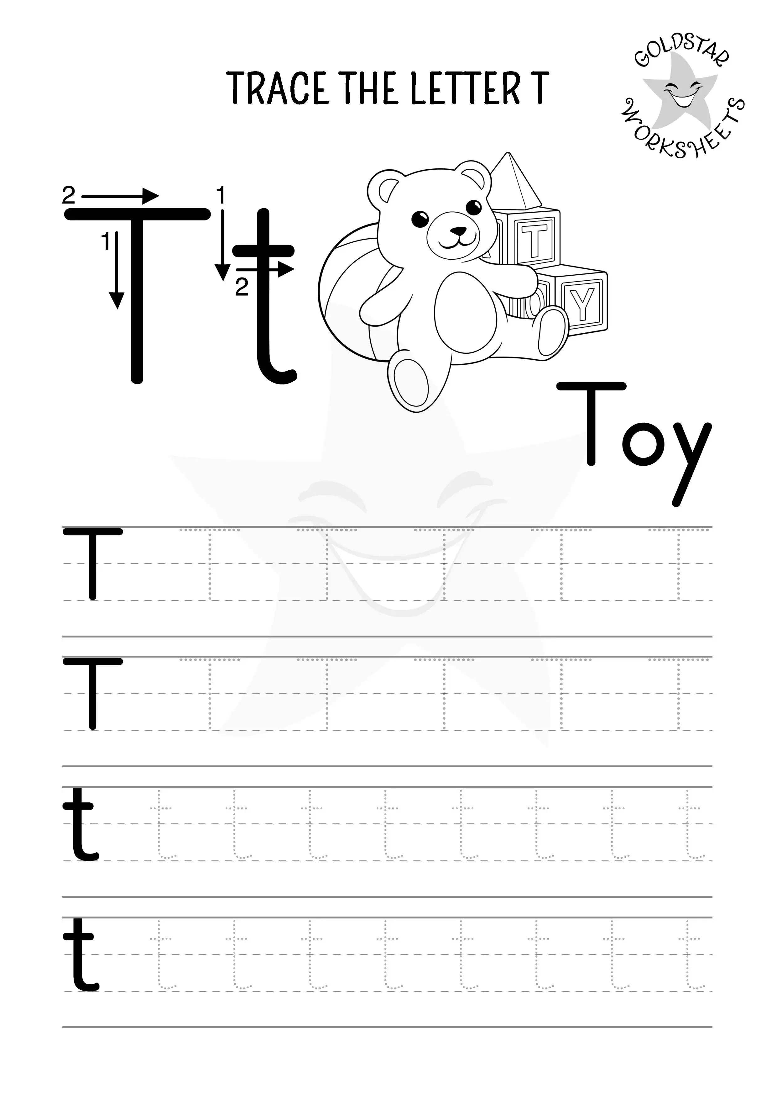 T for Toy – Printable letter T tracing sheet with uppercase and lowercase letters in black and white, ready to color.