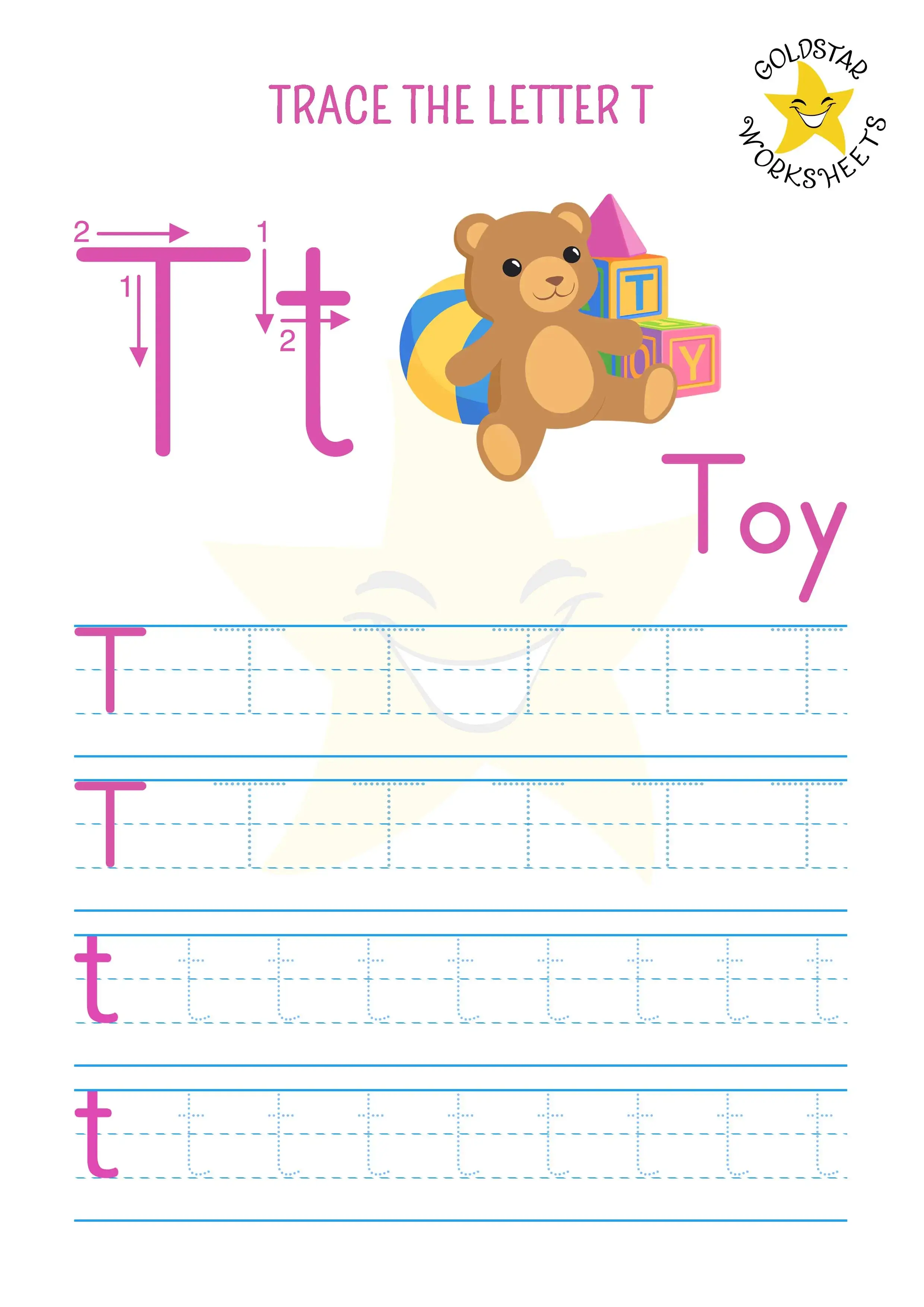 T for toy - Free printable letter T tracing worksheet with upper and lowercase together