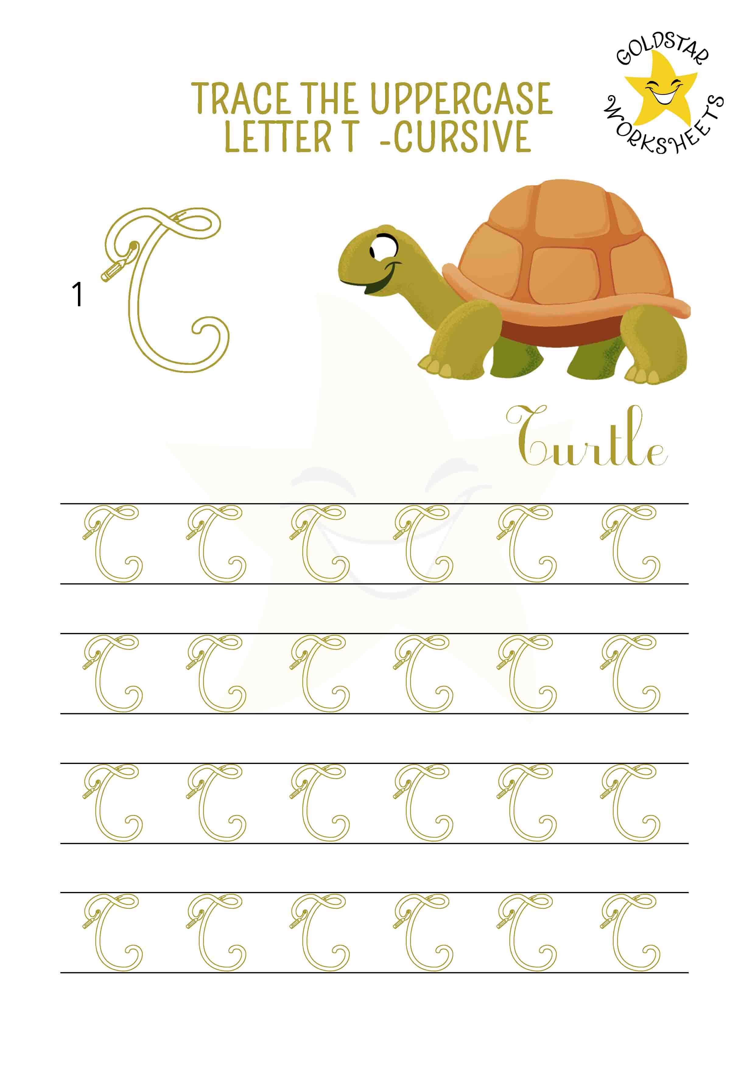 Uppercase cursive letter t tracing worksheet with a fun turtle design. Free printable for kids. 4 rows of capital T writing with stroke order and directional arrows.