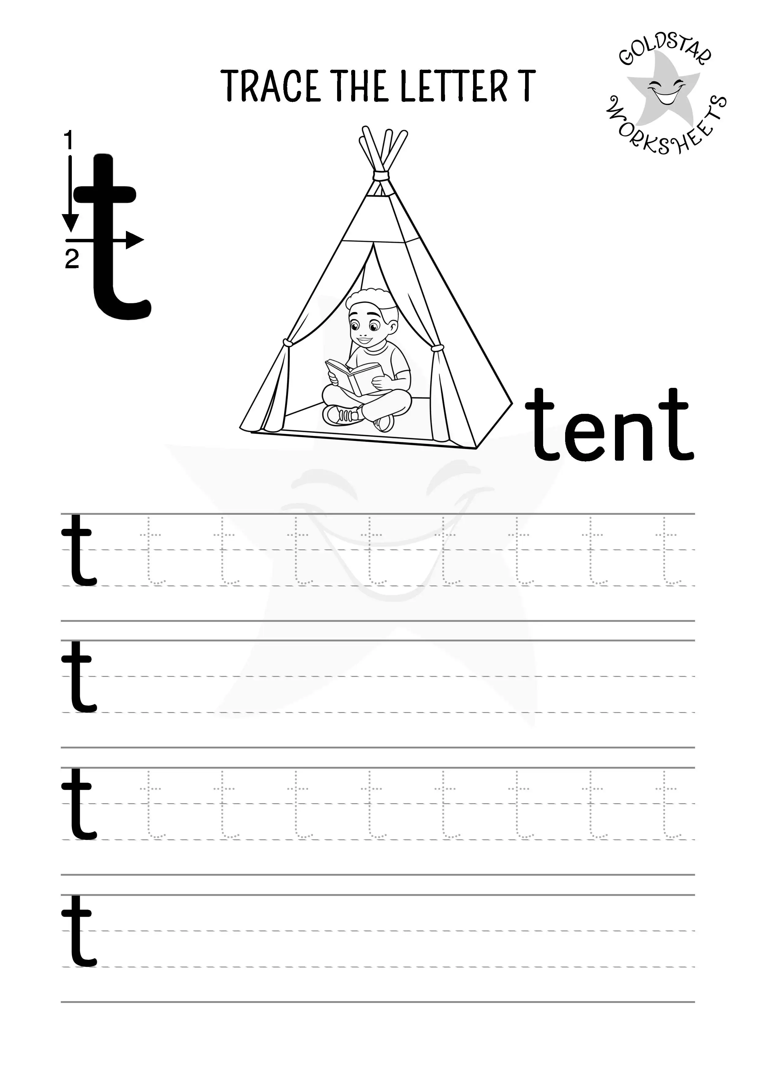 Letter t lowercase tracing, writing, and coloring worksheet with fun tent scene