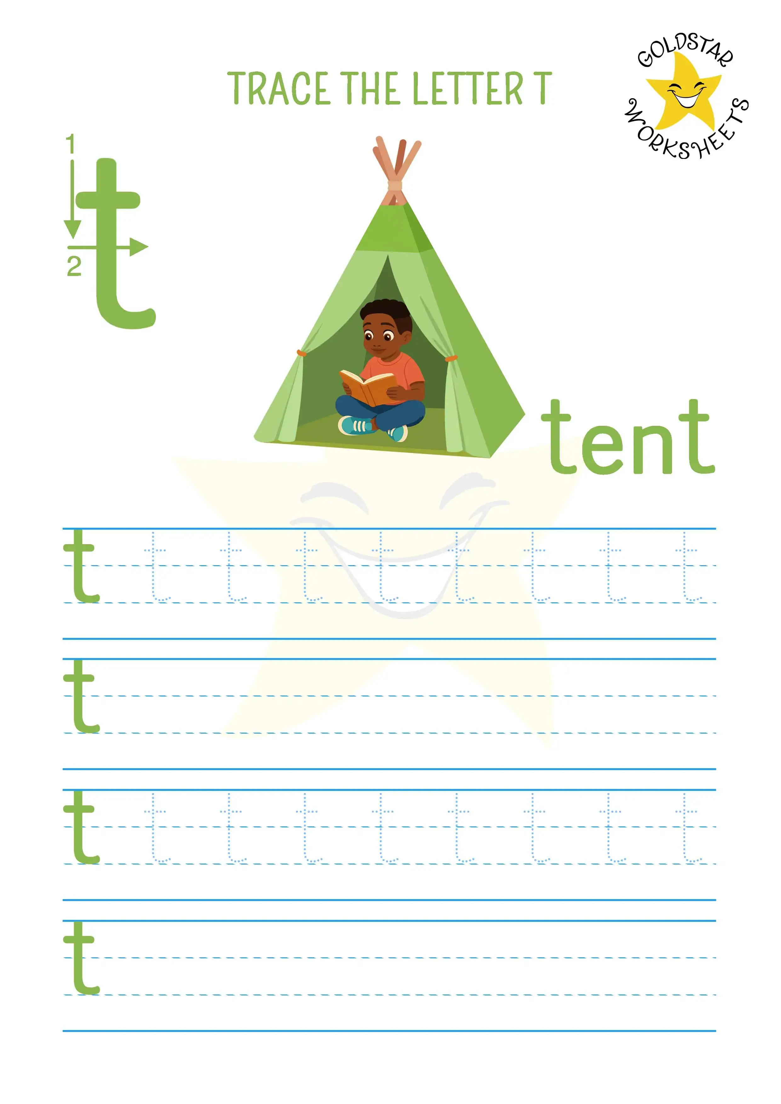 Letter t lowercase tracing and writing worksheet with fun tent scene