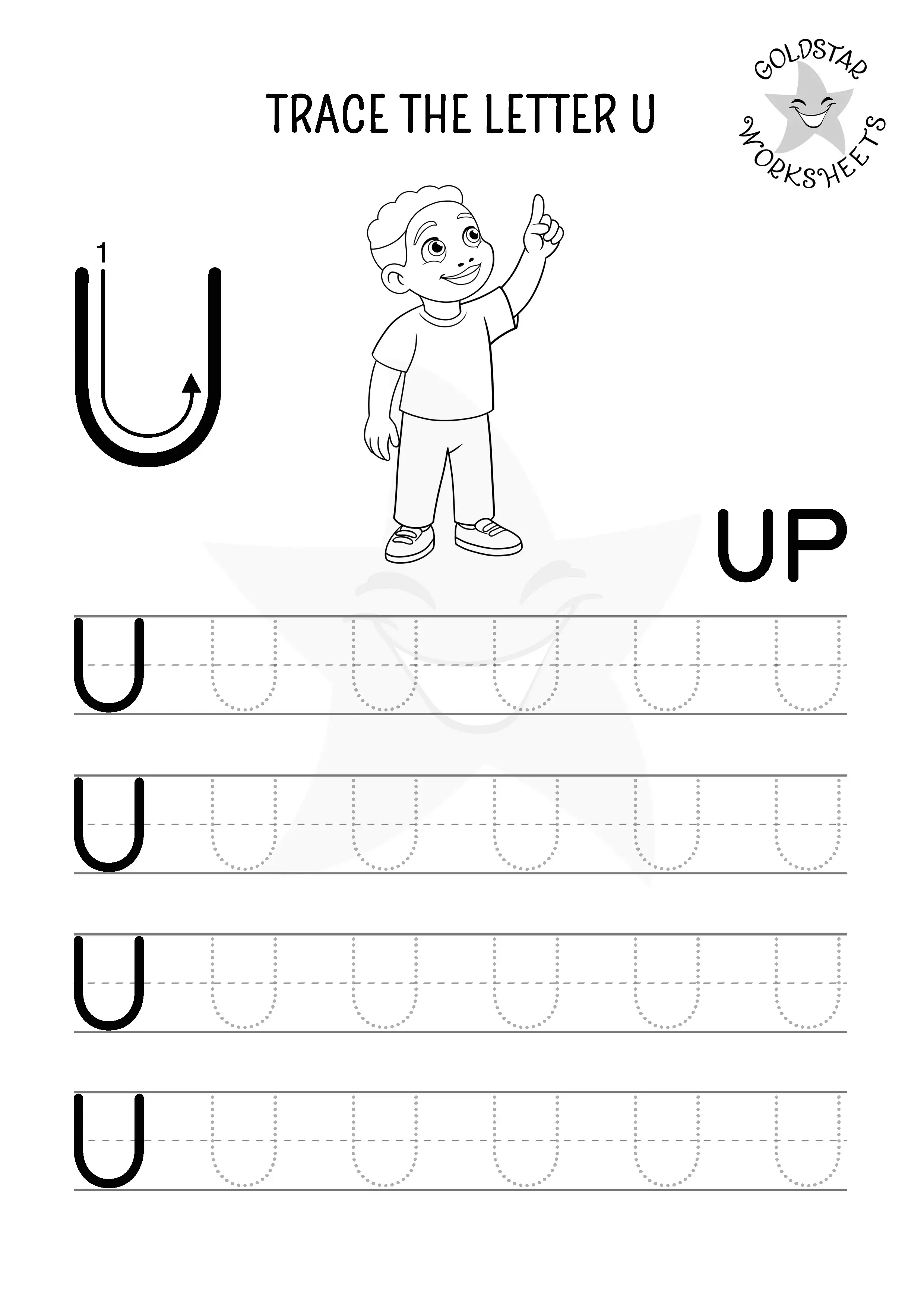 Free printable worksheet for tracing the letter U with boy pointing up. Designed for coloring in. 