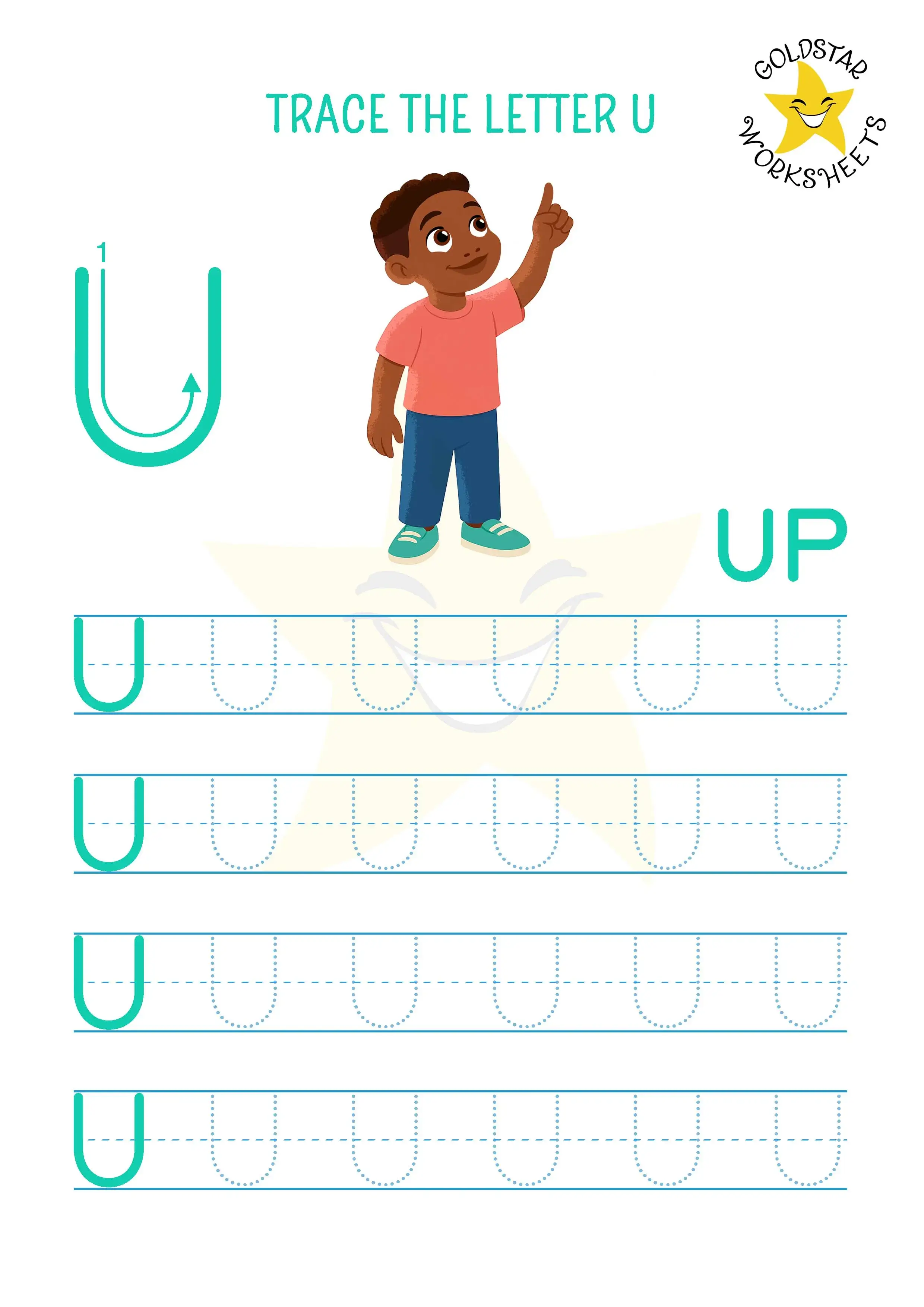 Free printable worksheet for tracing the letter U with boy pointing up