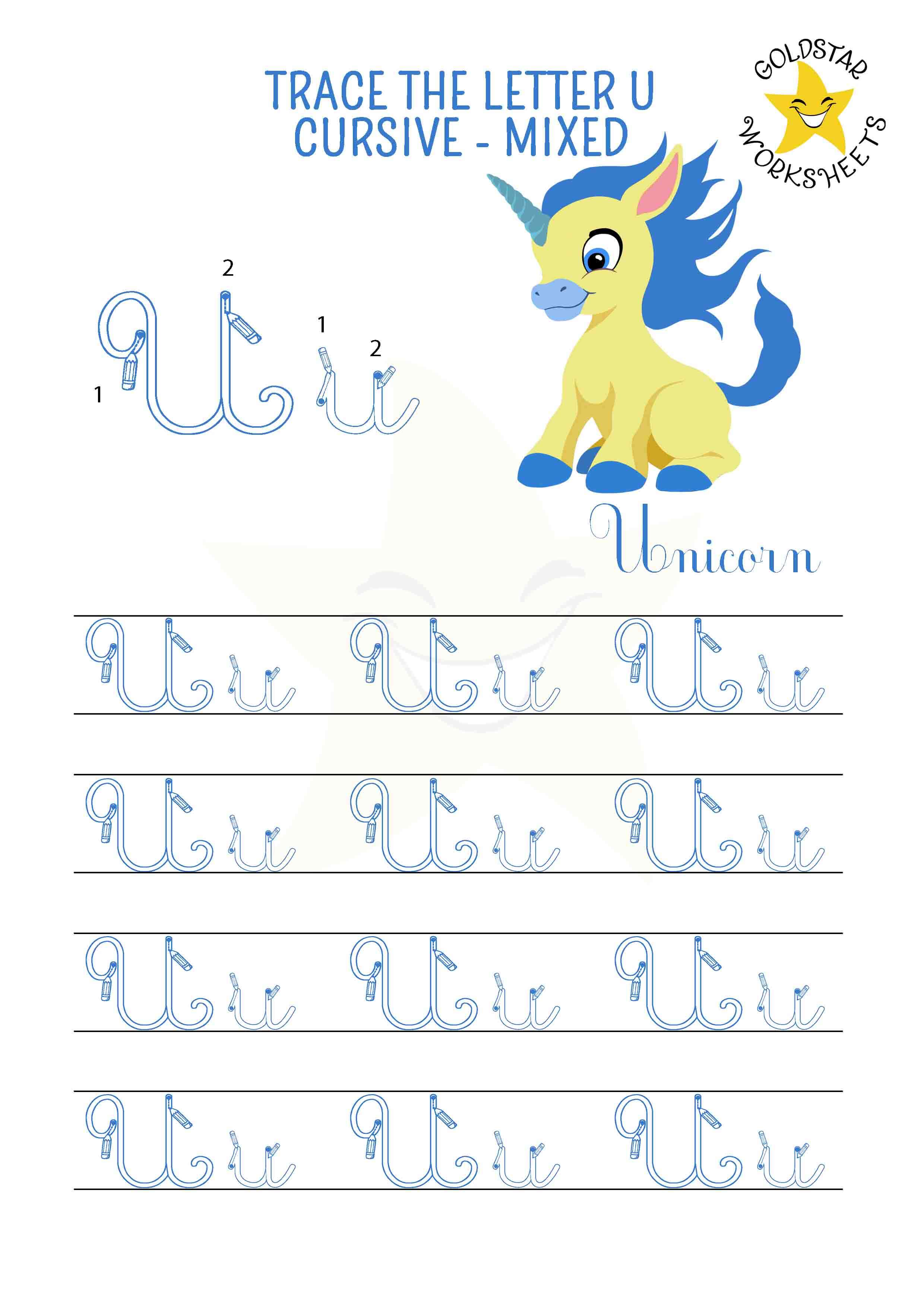 Upper and lowercase cursive letter U tracing worksheet. This mixed practise sheet features a cute unicorn. Free printable PDF for 2nd and 3rd grade kids practicing cursive handwriting. 4 rows of capital U and small u writing includes directional arrows.