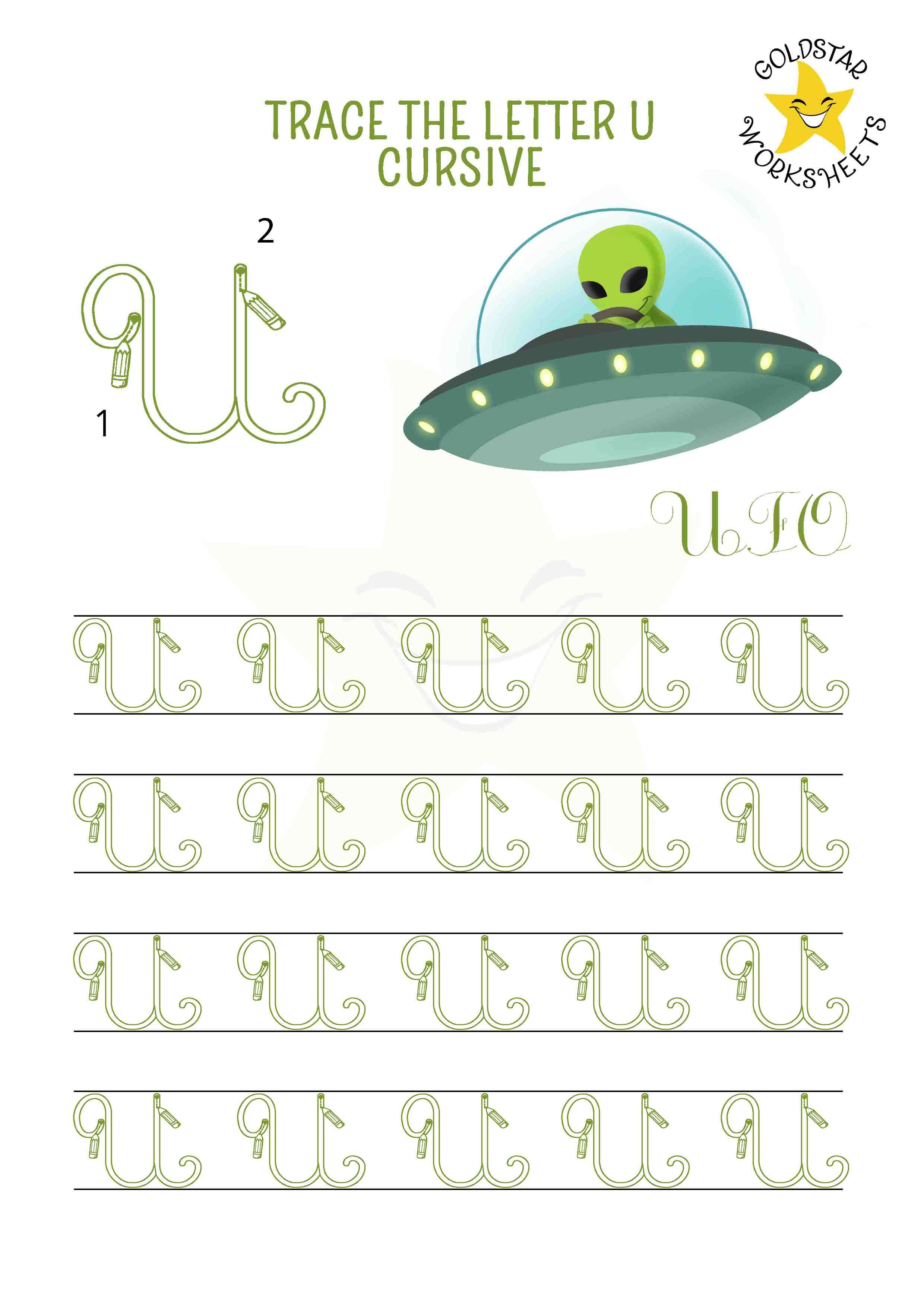 Uppercase cursive letter u tracing worksheet with a unique UFO design. Perfect for kids. 4 rows of capital U writing with stroke order and directional arrows.
