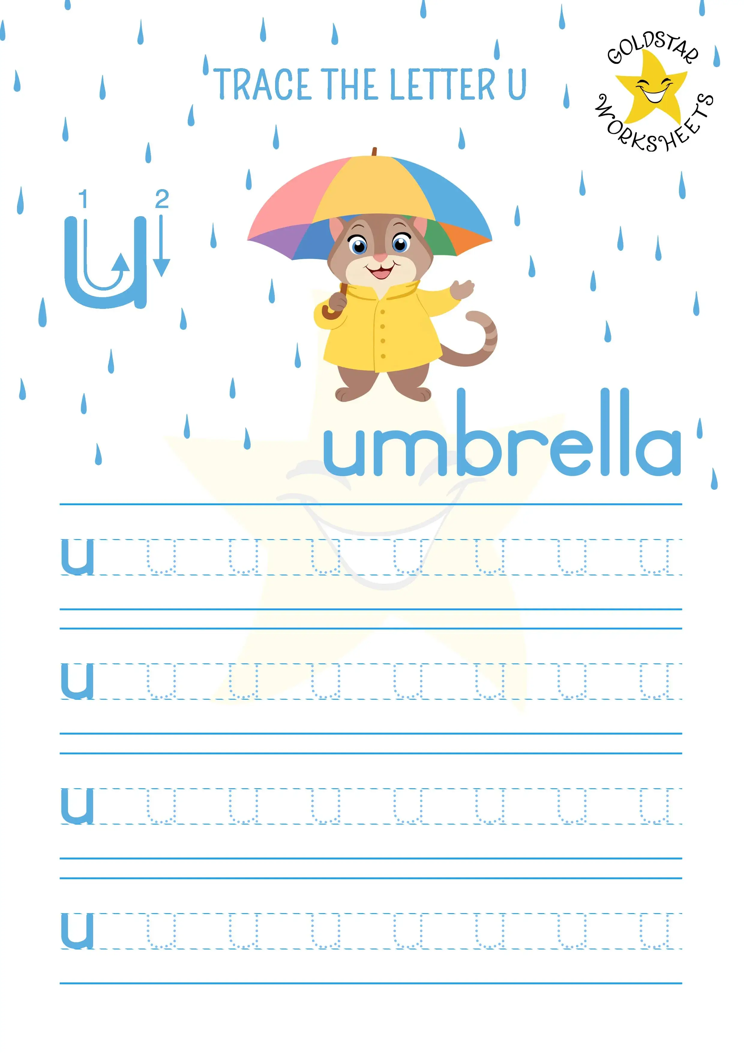 Worksheet for tracing the lowercase letter U. U for umbrella