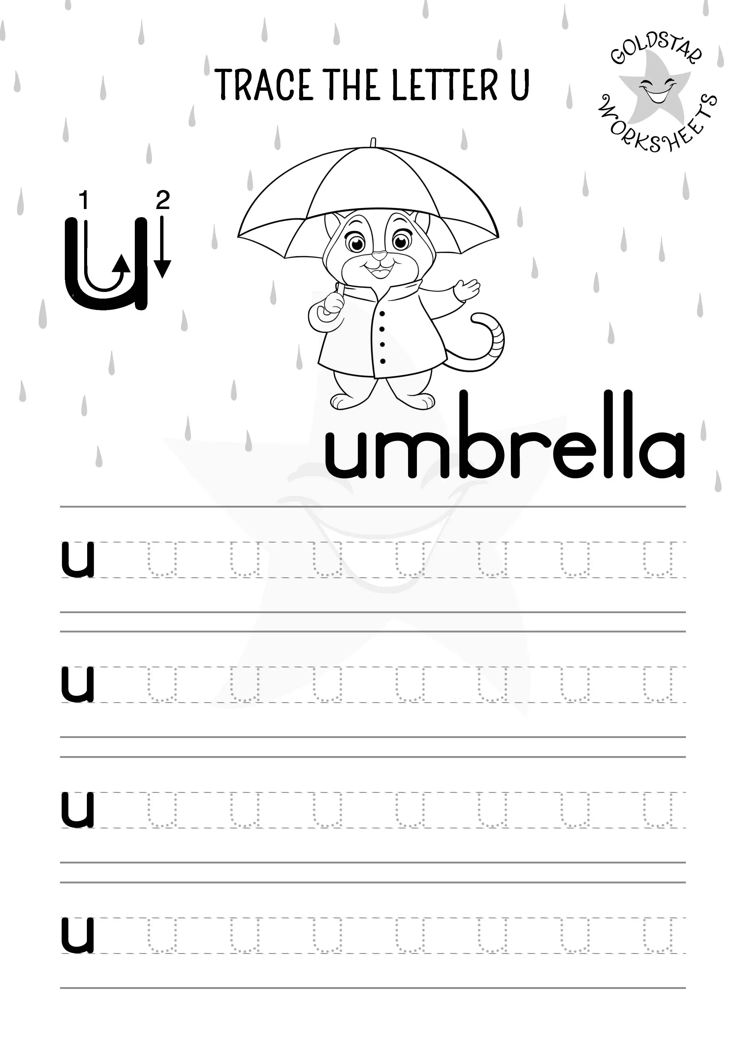 Tracing and coloring sheet for the lowercase letter U. U for umbrella