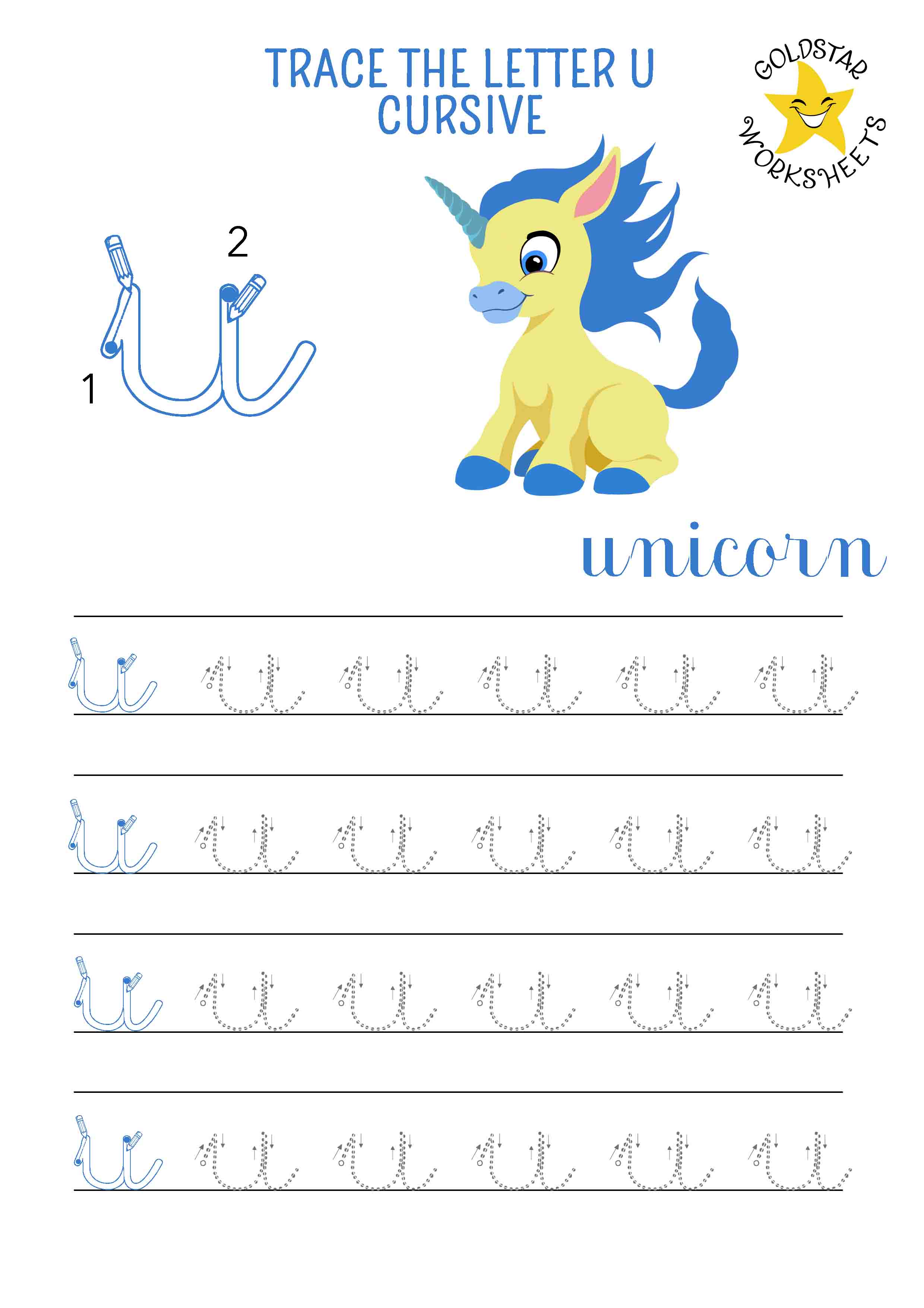Lowercase cursive letter u tracing worksheet with a unique unicorn design. Perfect for kids. 4 rows of small u writing with stroke order and directional arrows.