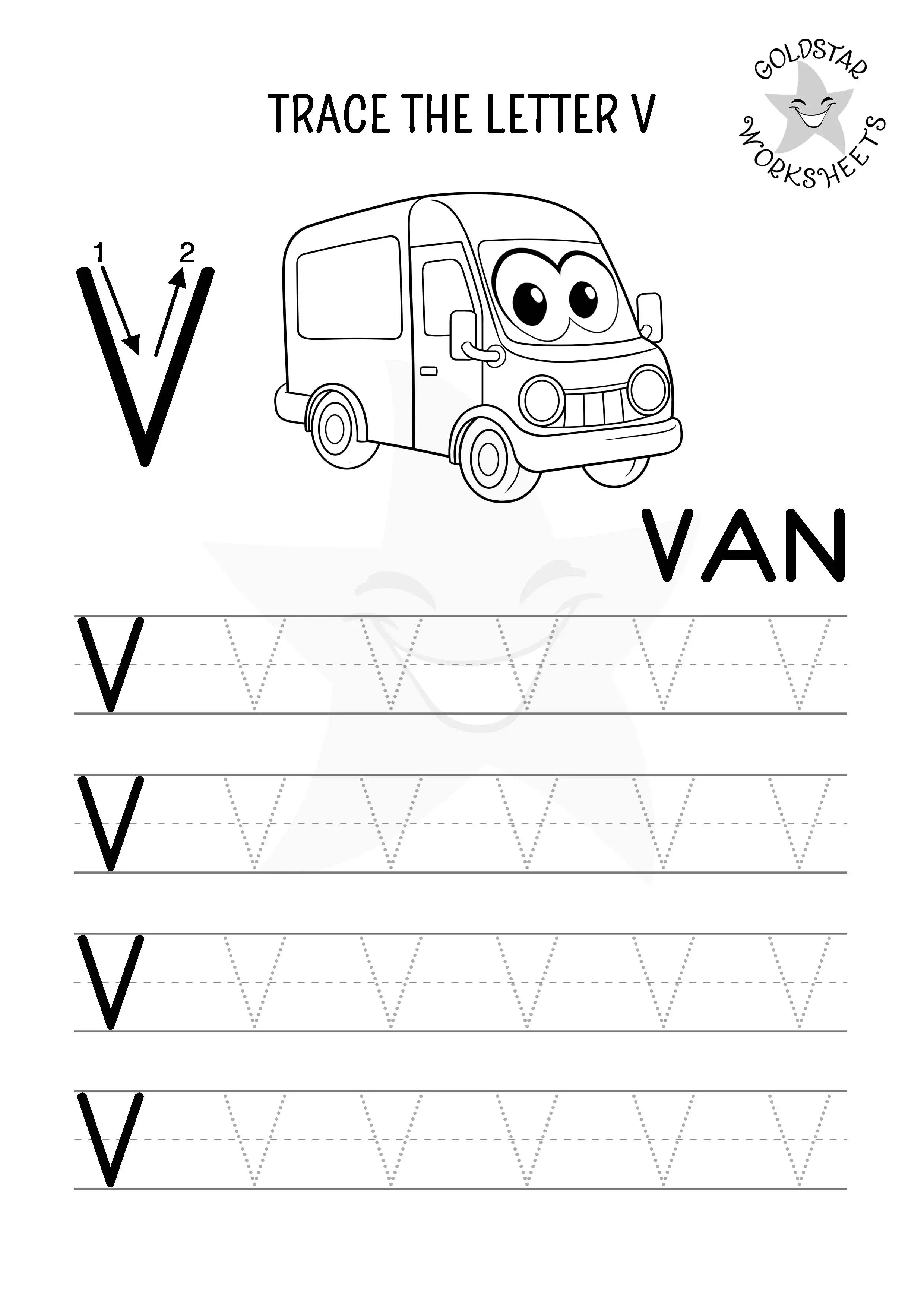 Free uppercase trace the letter V worksheet with a friendly van. Designed for kids to color in.