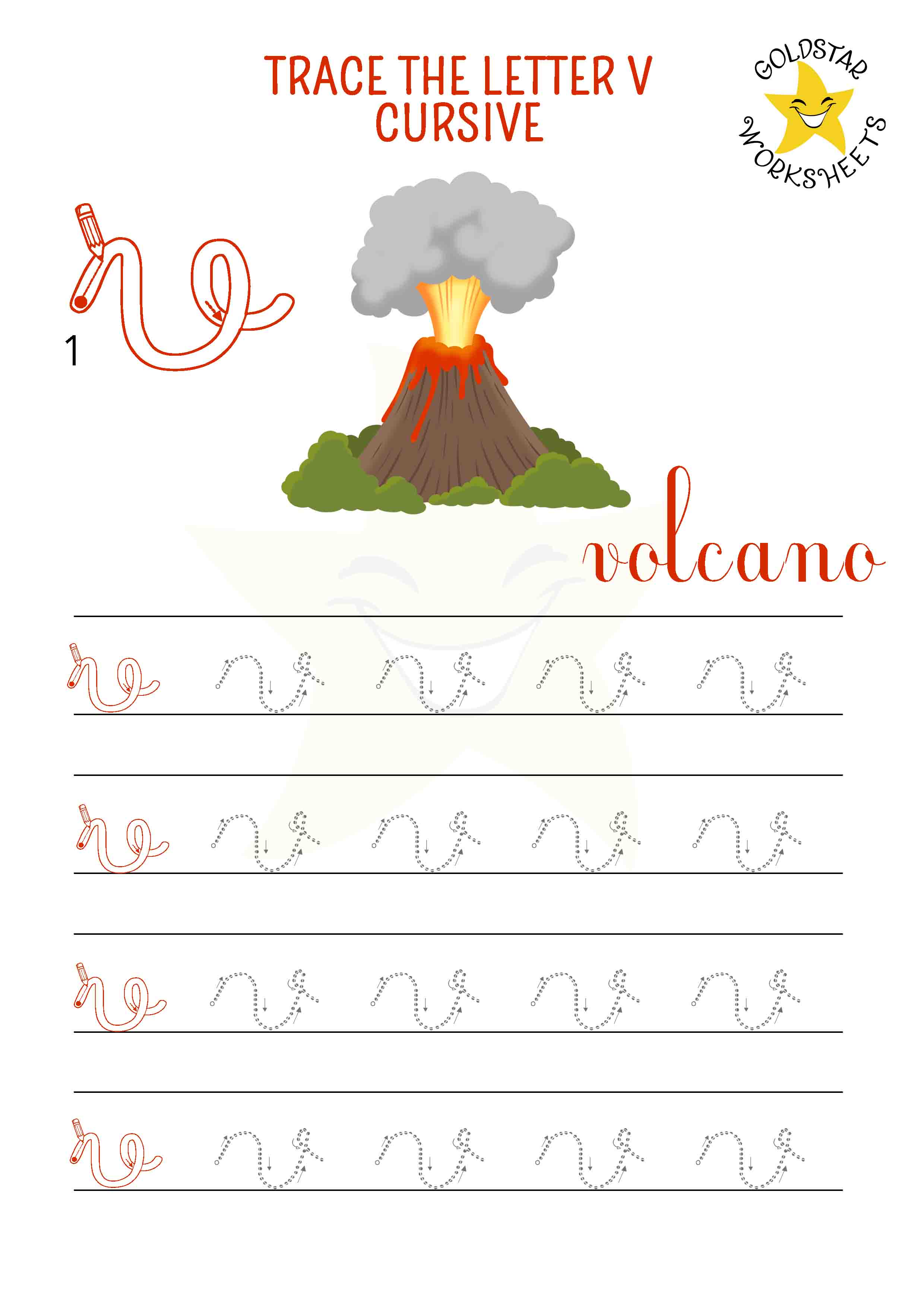 Lowercase cursive letter v tracing worksheet with a vibrant volcano design. Fun for kids learning handwriting. 4 rows of small v writing with stroke order and directional arrows.