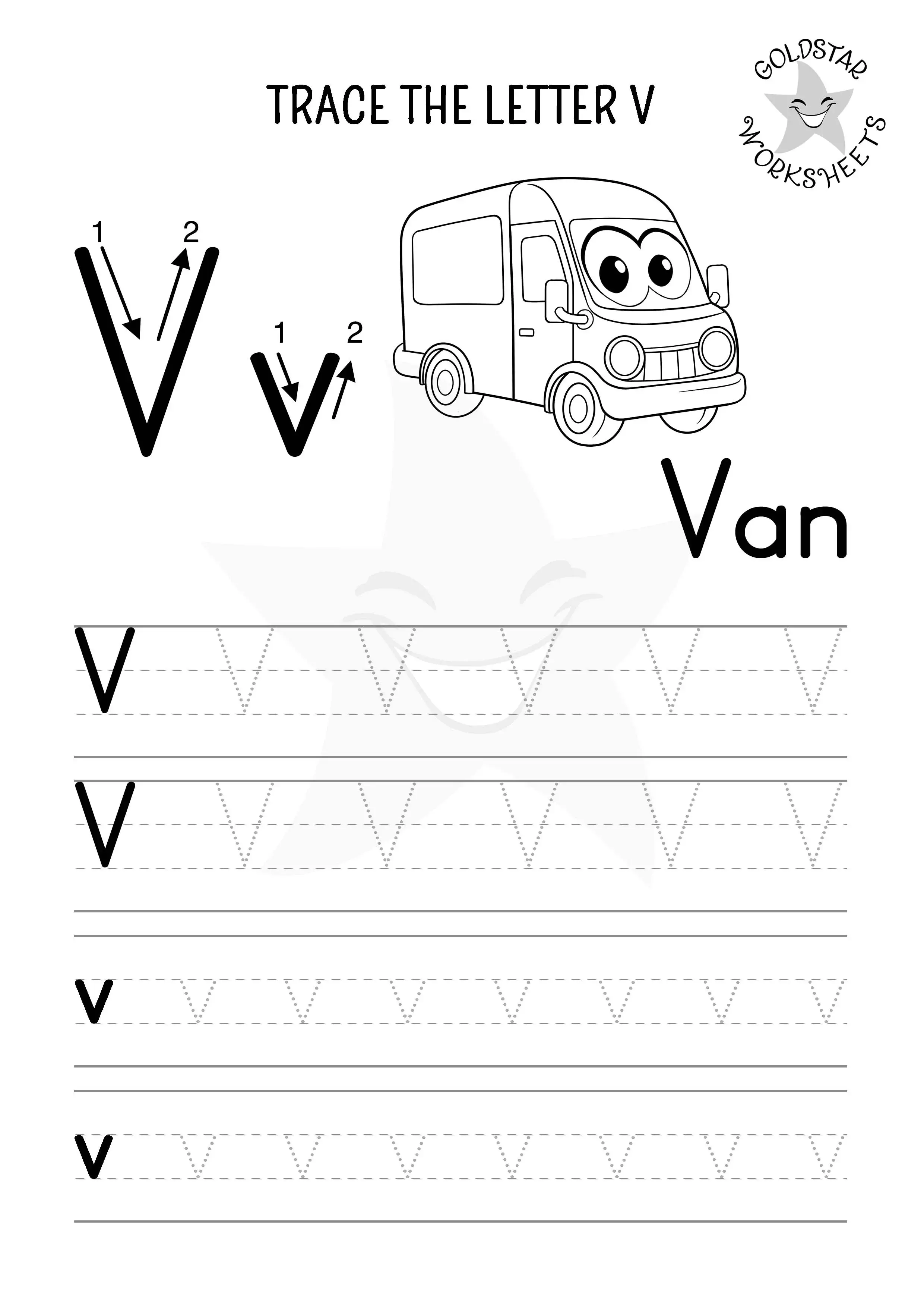 V for Van – Black and white tracing worksheet for uppercase and lowercase V, designed for coloring.