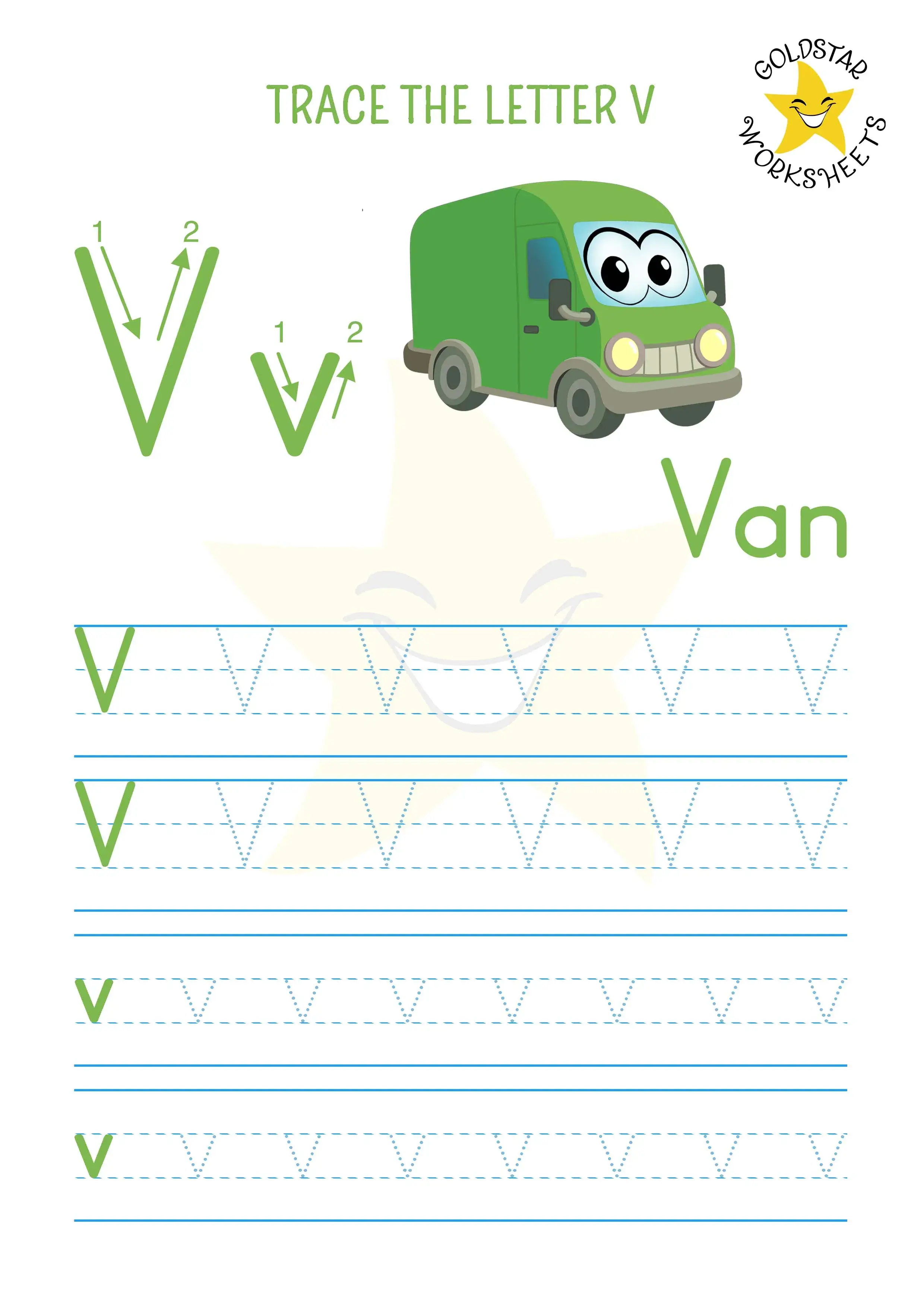 V for Van - Free PDF trace the letter V worksheet with uppercase and lowercase