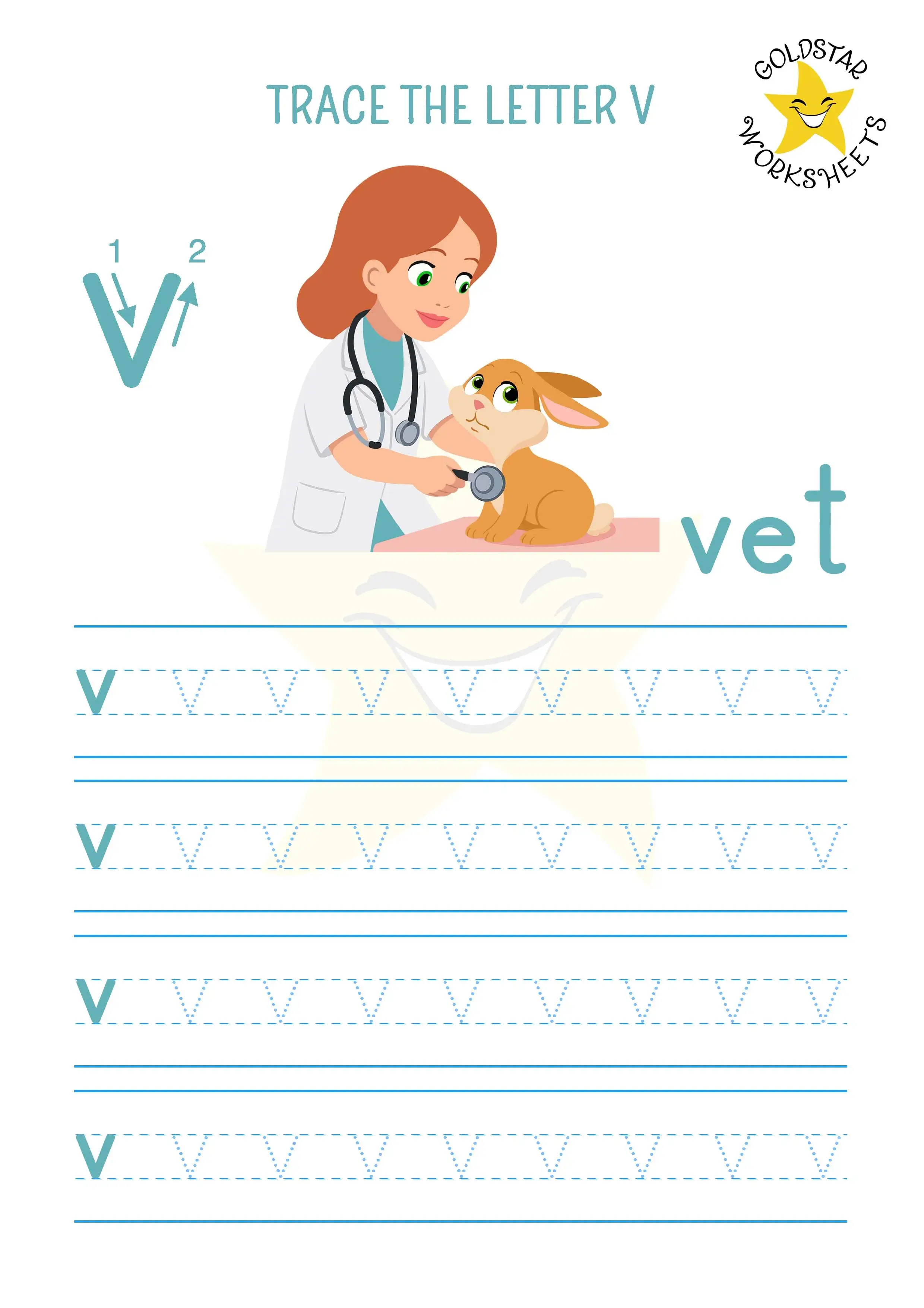 Trace the lowercase letter v. v for vet