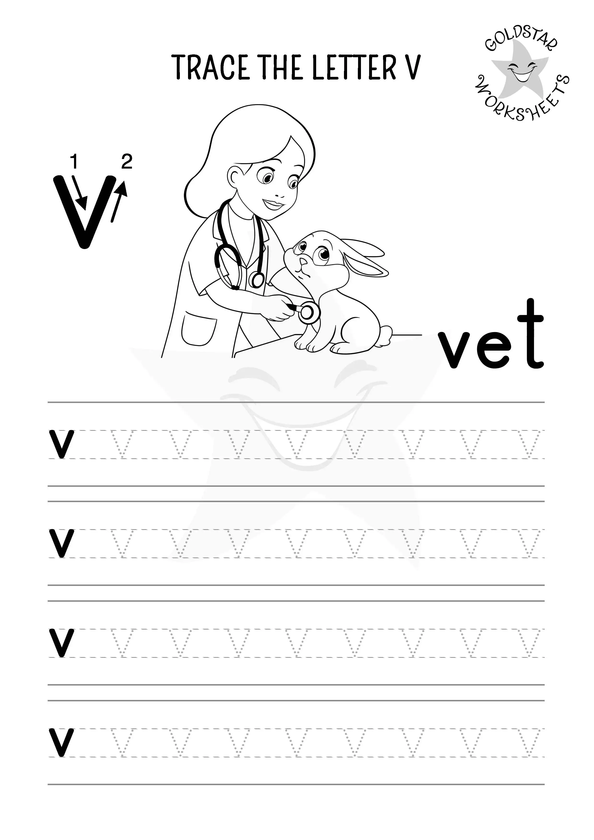 Trace the lowercase letter v and color the scene at the vets