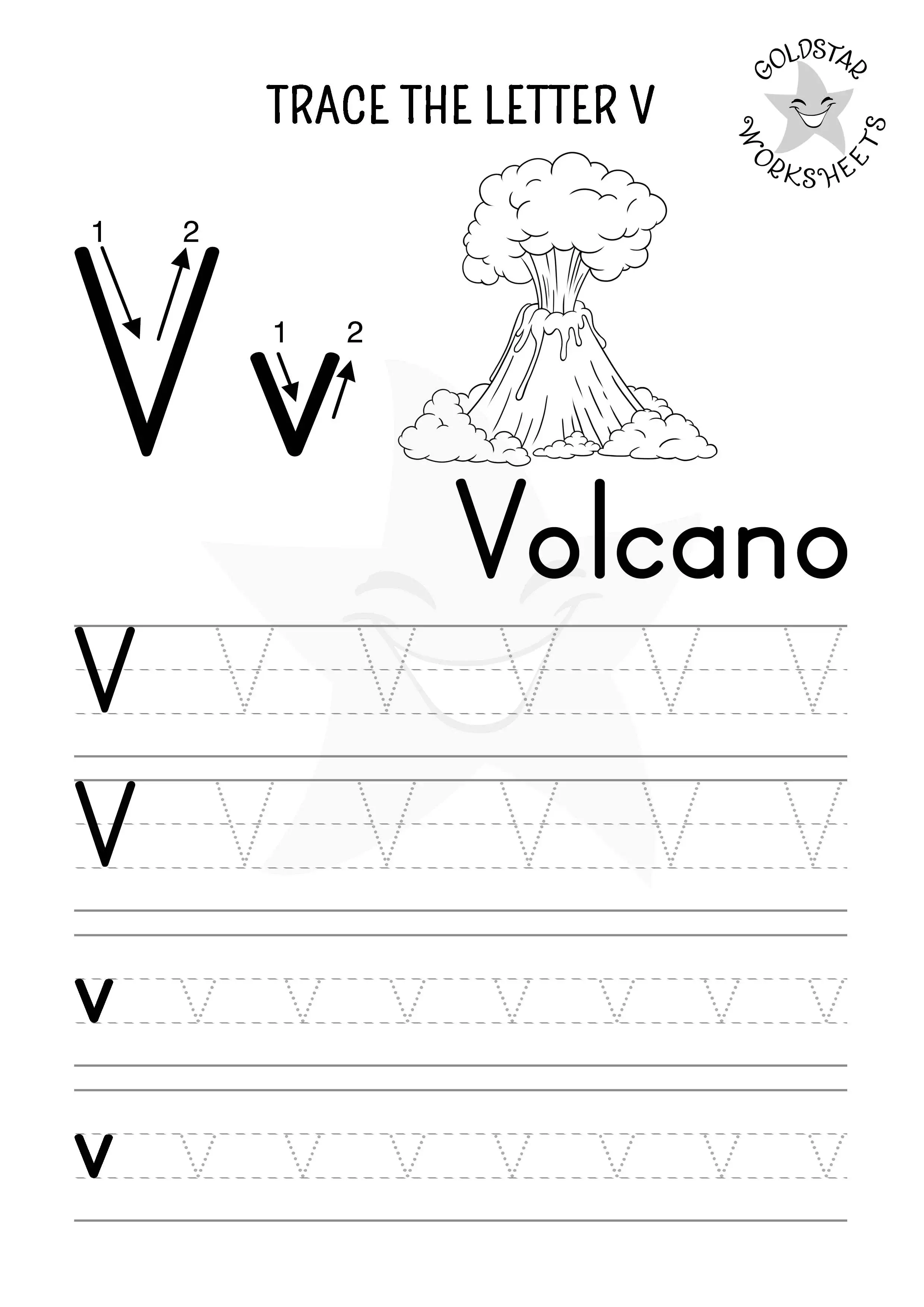 V for Volcano – Black and white tracing worksheet for uppercase and lowercase V, designed for coloring fun.